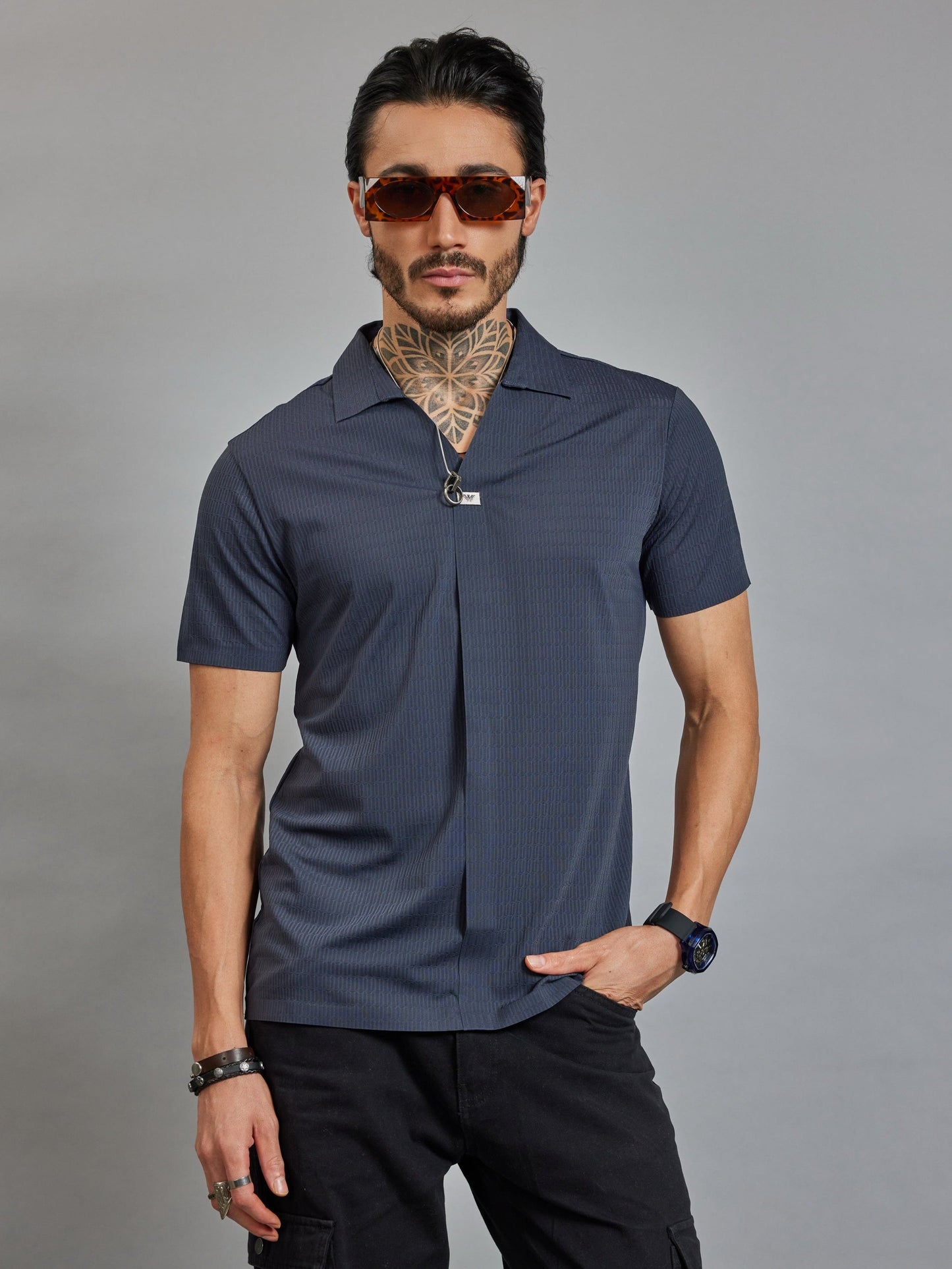OTFIT T-Shirt Men’s Navy Resort Polo T-Shirt - Popcorn Knit & Net Panel, Lightweight & Breathable