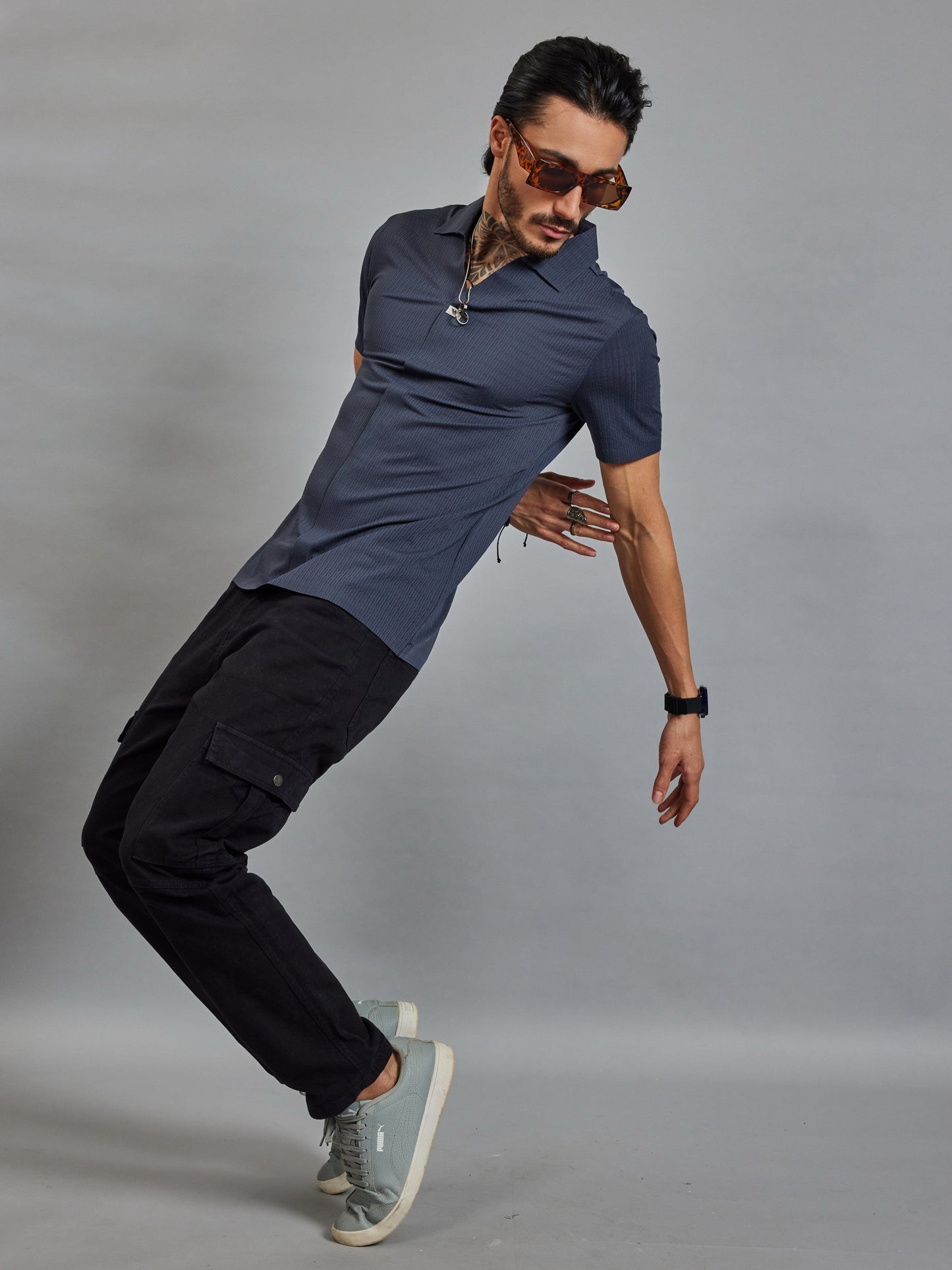 OTFIT T-Shirt Men’s Navy Resort Polo T-Shirt - Popcorn Knit & Net Panel, Lightweight & Breathable