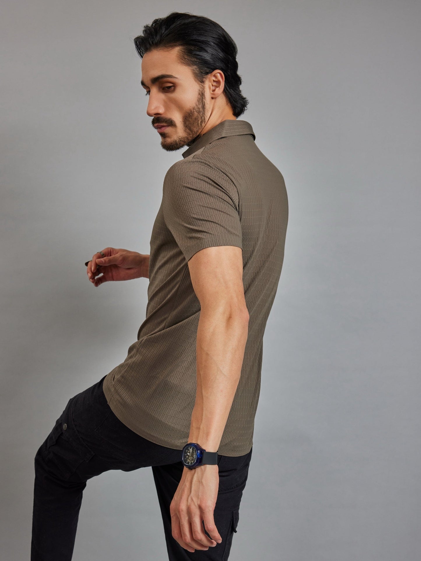 OTFIT T-Shirt Men’s Olive Brown Resort Polo T-Shirt - Popcorn Knit & Net Panel, Lightweight & Breathable