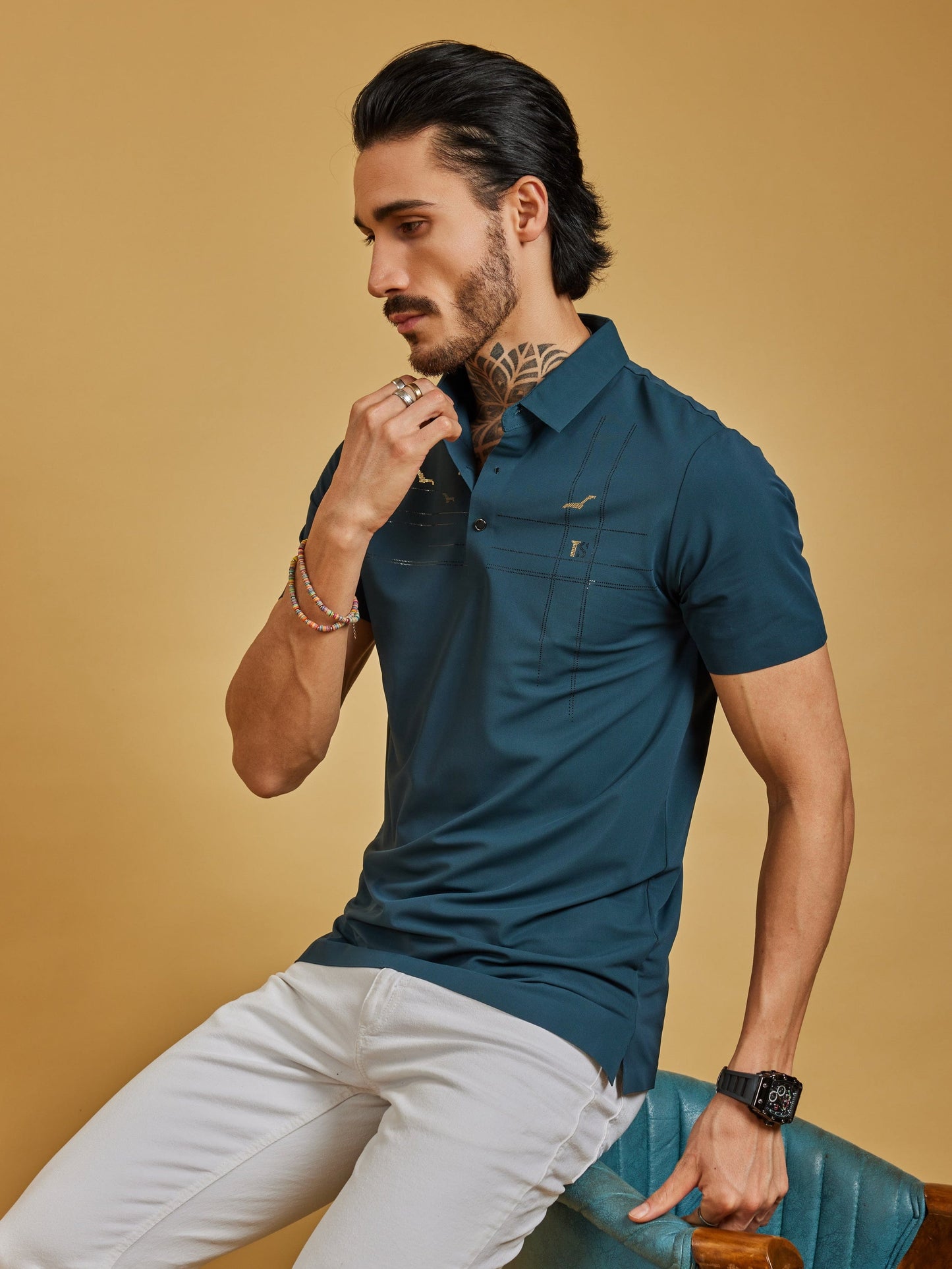 OTFIT T-Shirt Men’s Premium Stitchless Polo T-Shirt – Deep Teal Green Hotfix Chest Design Nylon Fabric