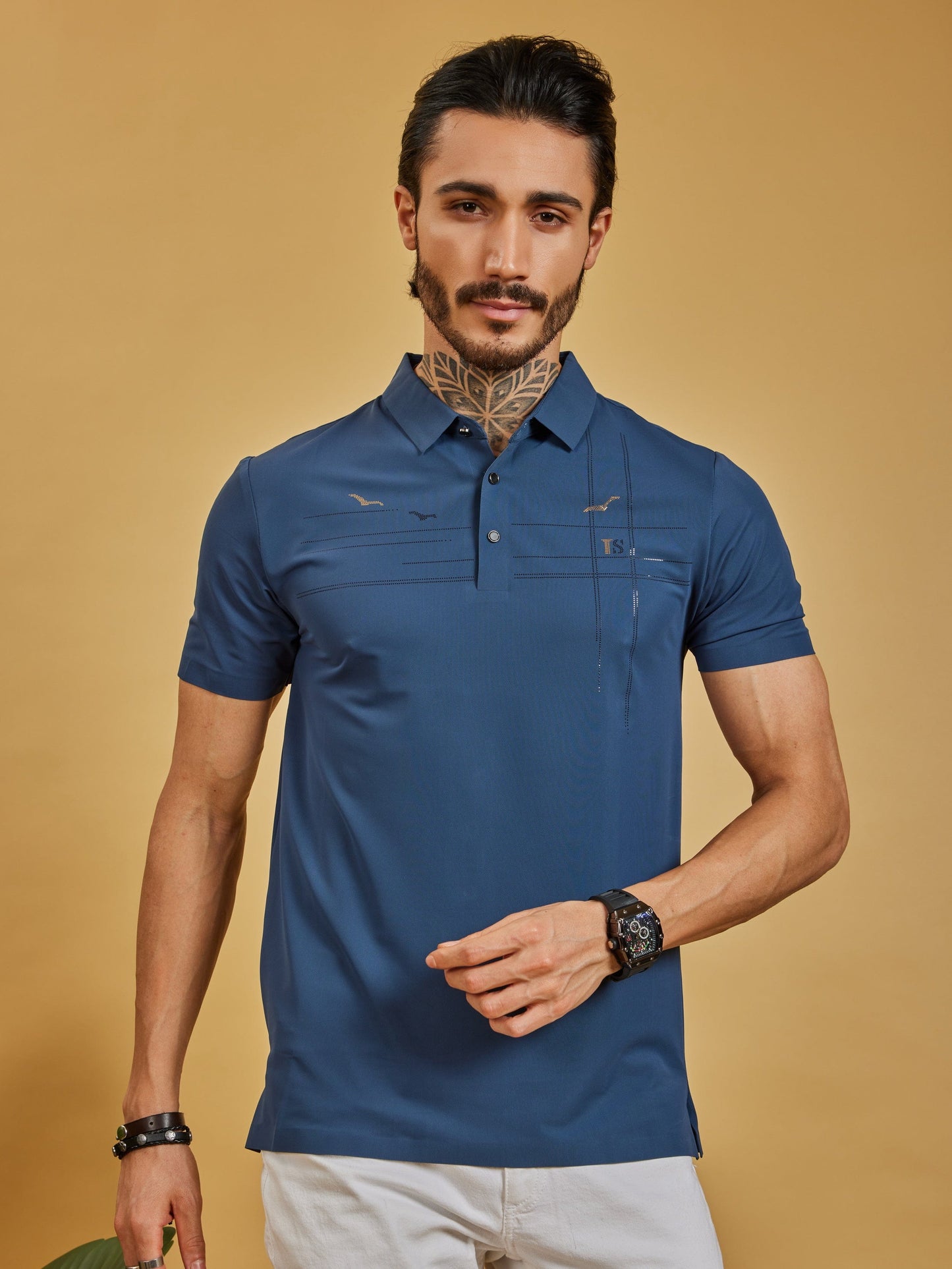 OTFIT T-Shirt Men’s Premium Stitchless Polo T-Shirt Midnight Blue with Hotfix Chest Design Nylon Fabric