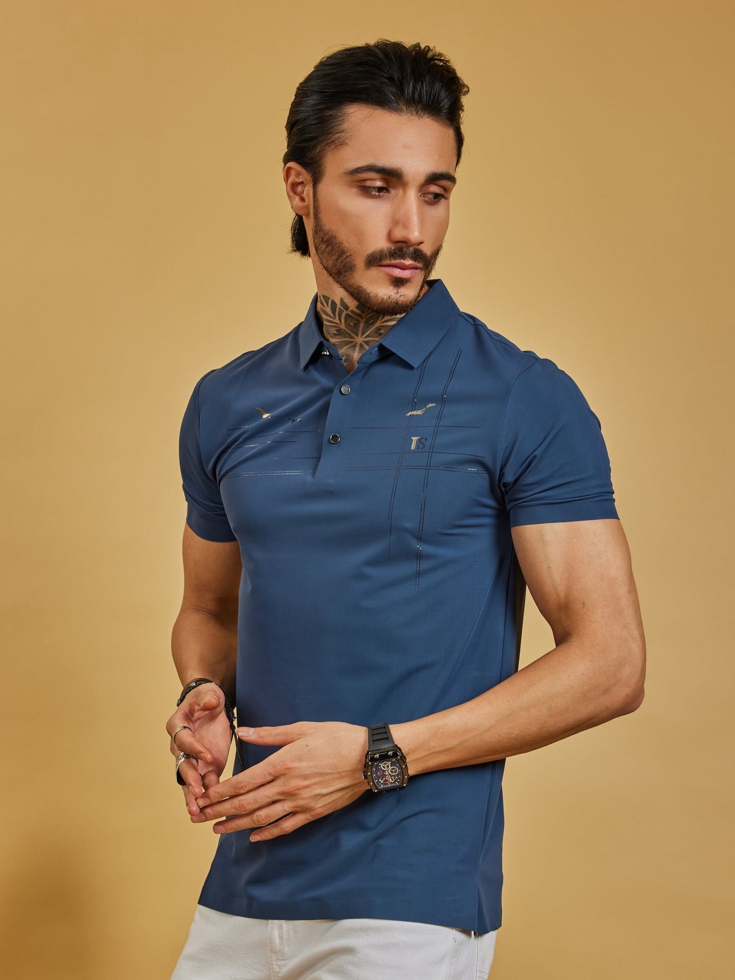 OTFIT T-Shirt Men’s Premium Stitchless Polo T-Shirt Midnight Blue with Hotfix Chest Design Nylon Fabric