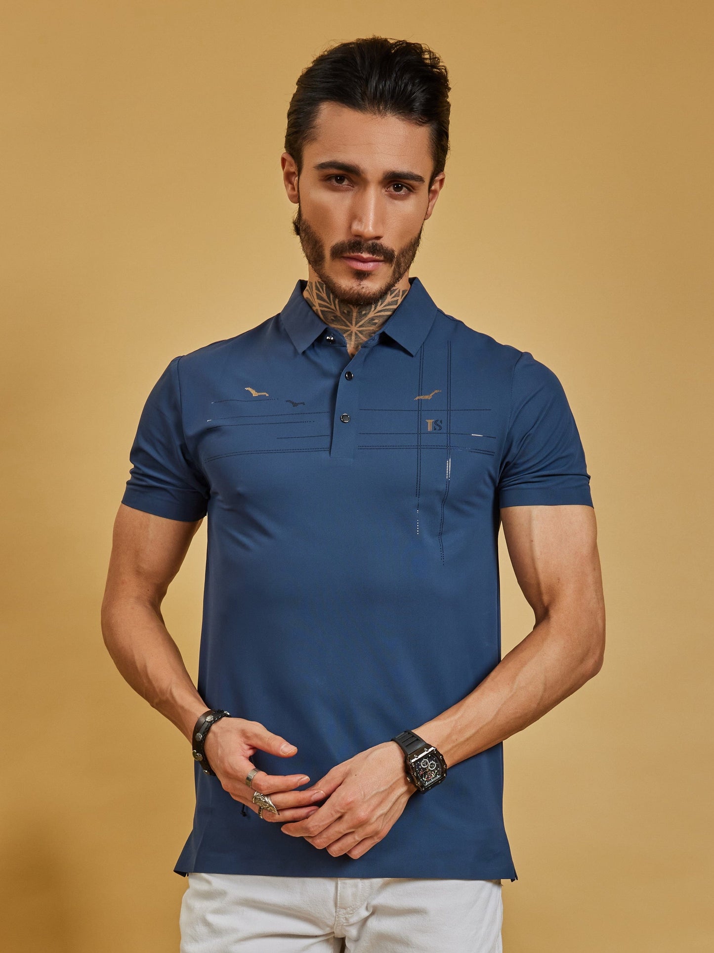 OTFIT T-Shirt Men’s Premium Stitchless Polo T-Shirt Midnight Blue with Hotfix Chest Design Nylon Fabric