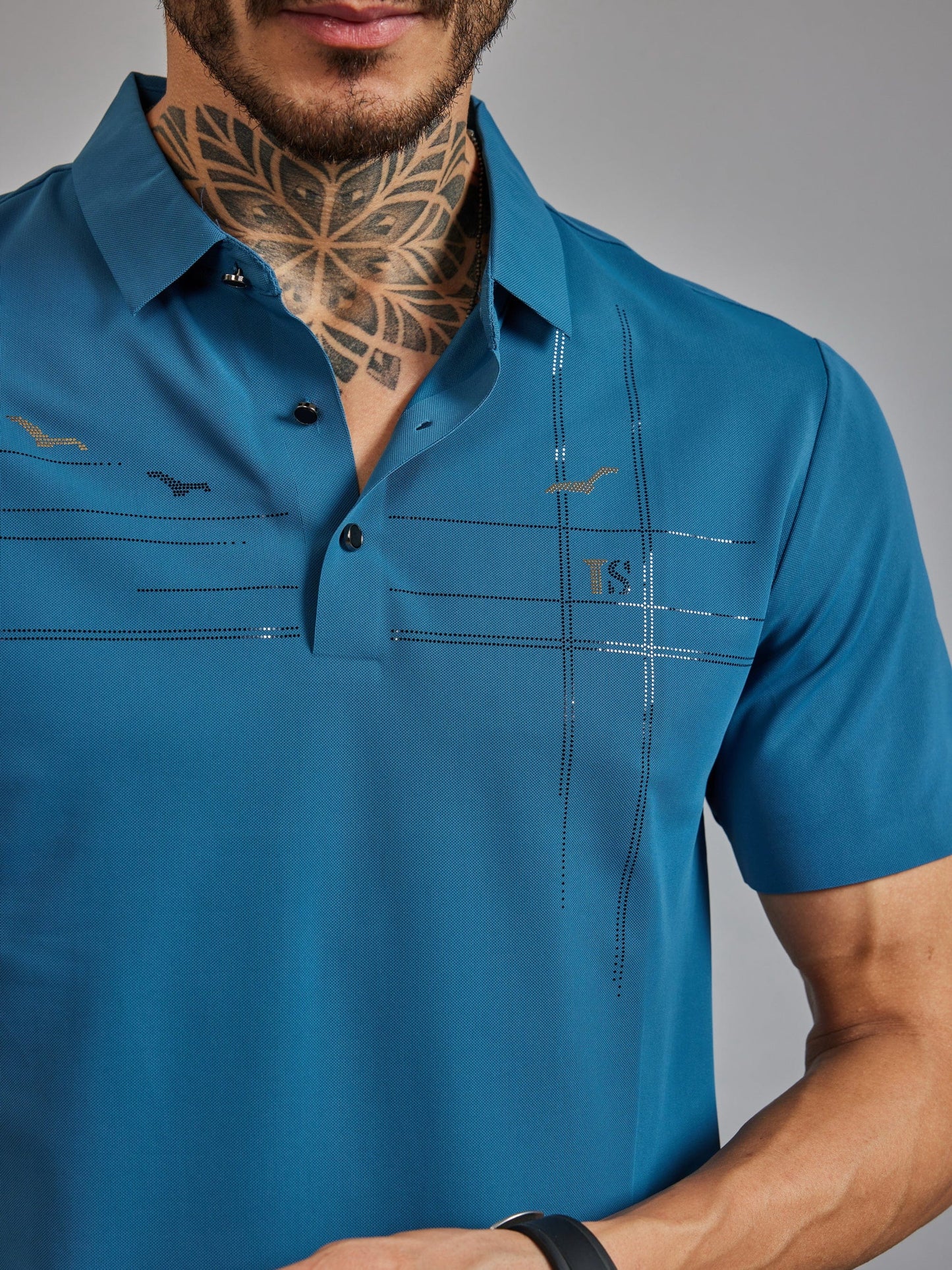 OTFIT T-Shirt Men’s Premium Stitchless Polo T-Shirt – Ocean Teal Blue Hotfix Chest Design Nylon Fabric
