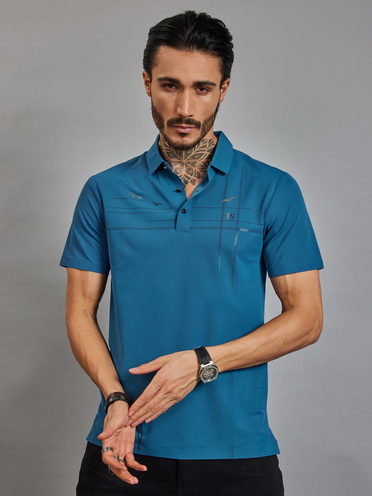 OTFIT T-Shirt Men’s Premium Stitchless Polo T-Shirt – Ocean Teal Blue Hotfix Chest Design Nylon Fabric
