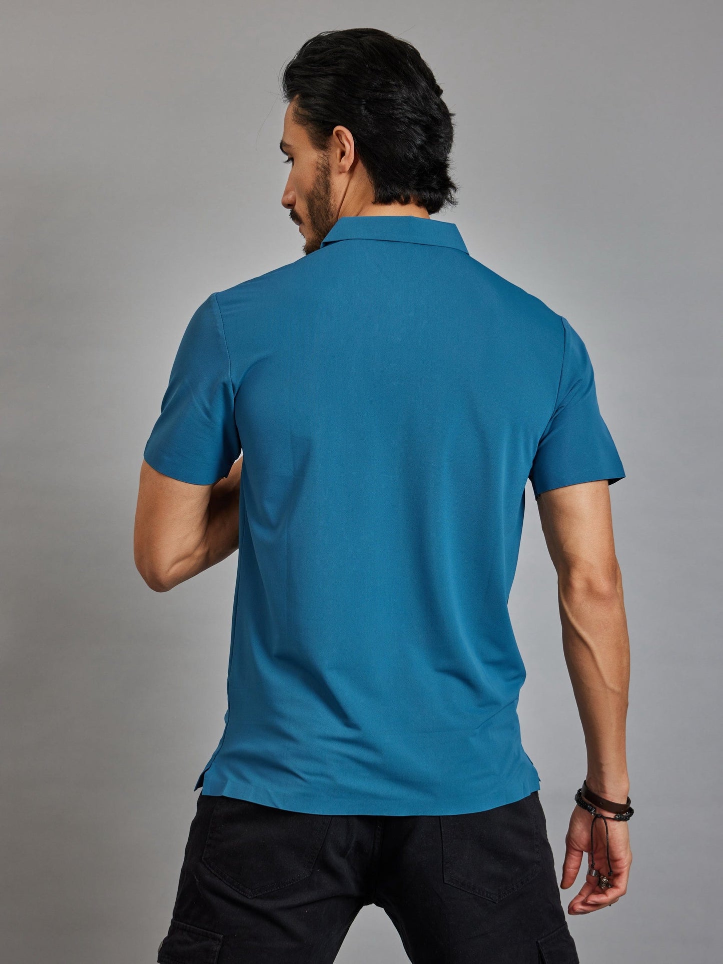 OTFIT T-Shirt Men’s Premium Stitchless Polo T-Shirt – Ocean Teal Blue Hotfix Chest Design Nylon Fabric