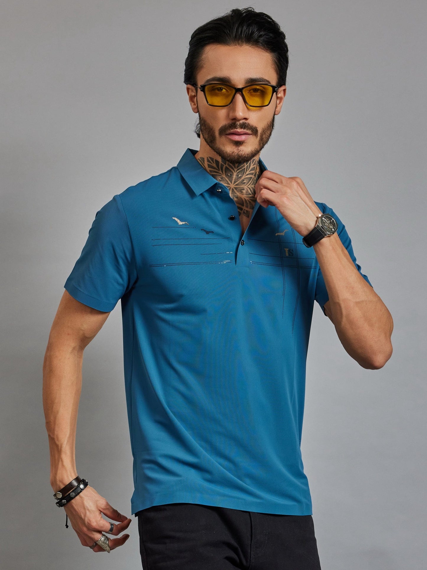 OTFIT T-Shirt Men’s Premium Stitchless Polo T-Shirt – Ocean Teal Blue Hotfix Chest Design Nylon Fabric