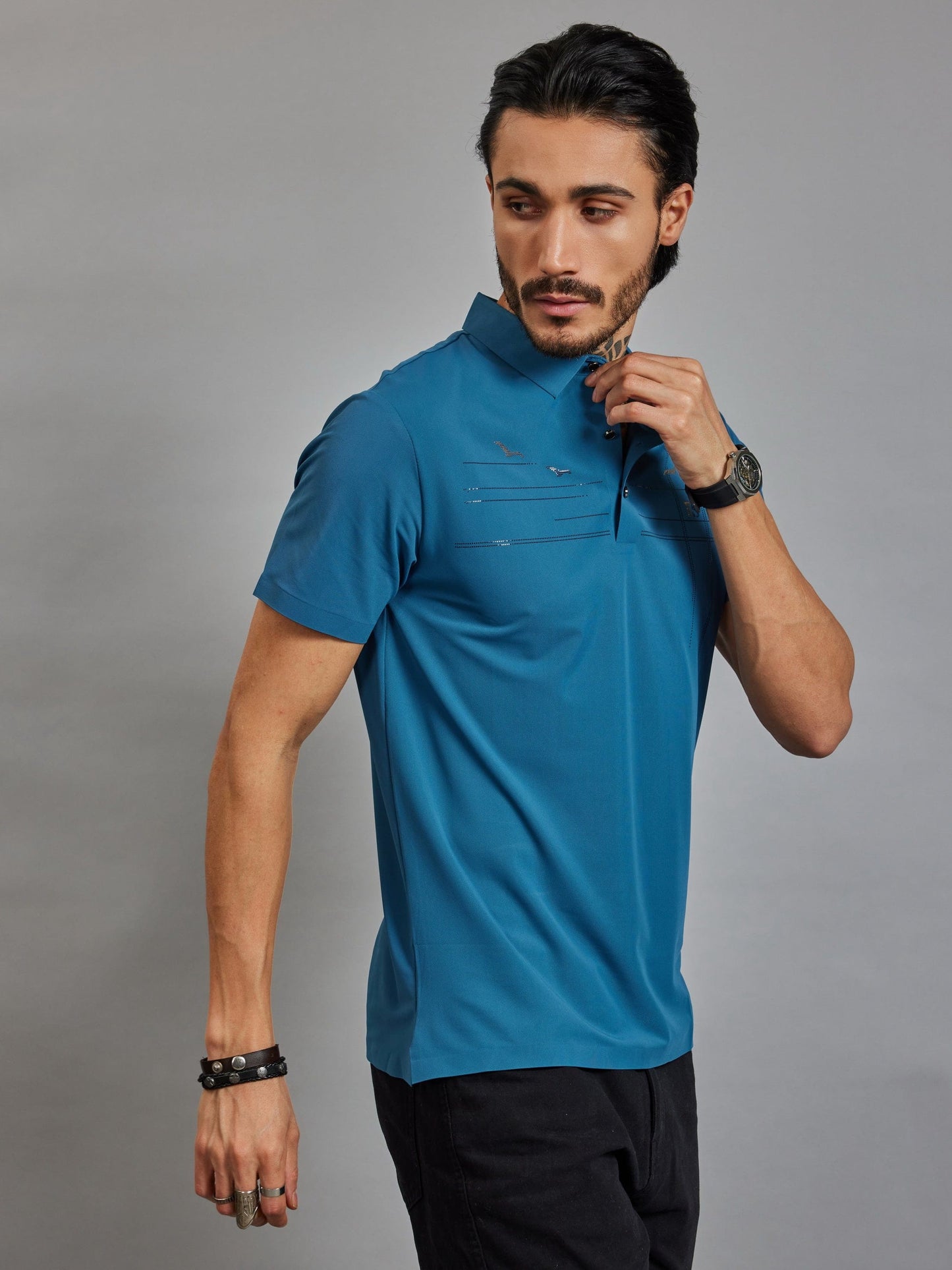 OTFIT T-Shirt Men’s Premium Stitchless Polo T-Shirt – Ocean Teal Blue Hotfix Chest Design Nylon Fabric