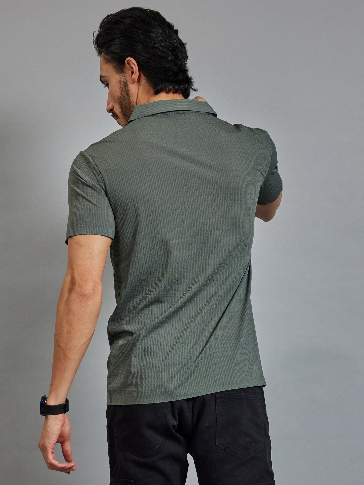 OTFIT T-Shirt Men’s Sage Green Resort Polo T-Shirt - Popcorn Knit & Net Panel, Lightweight & Breathable
