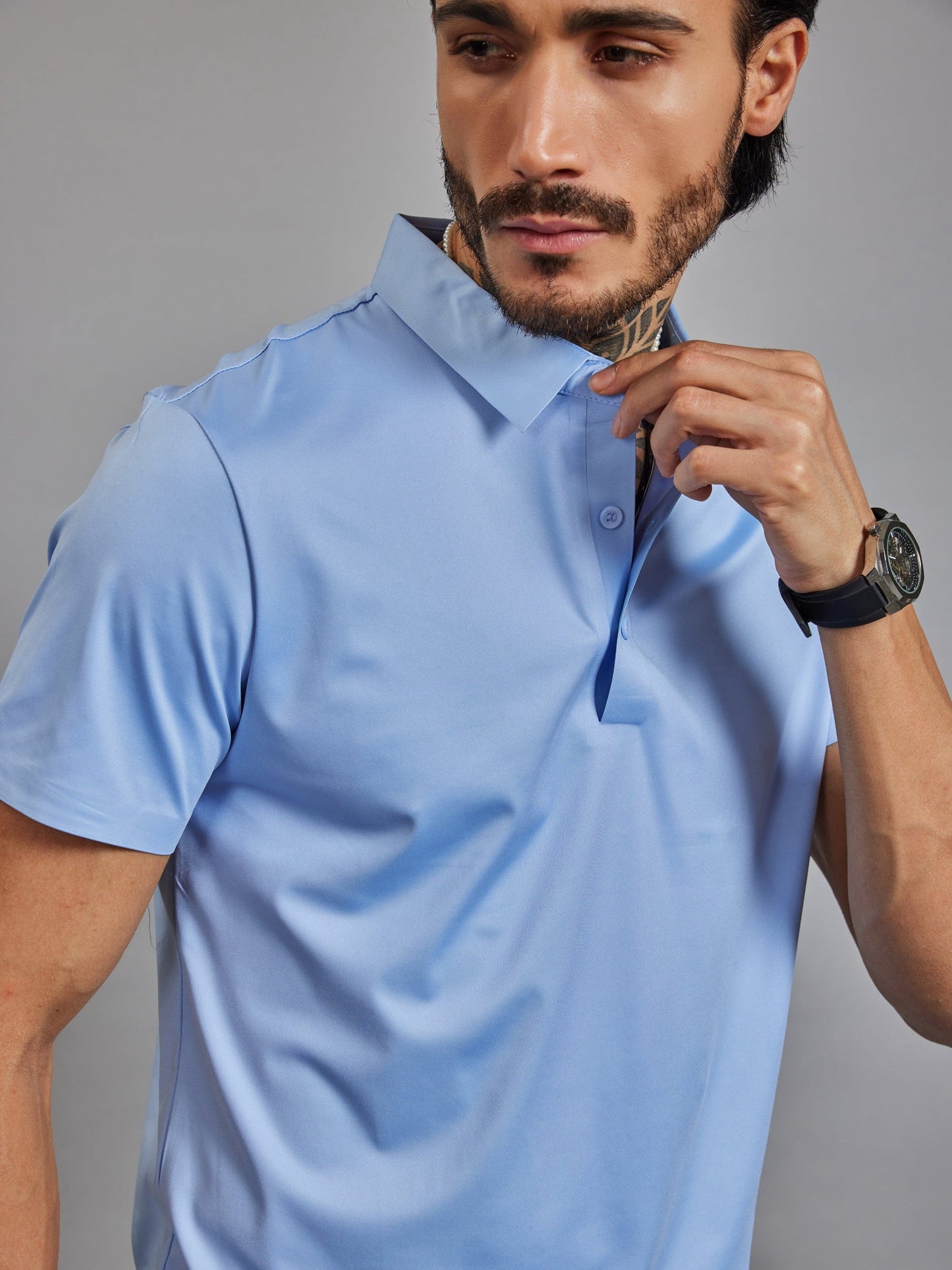 OTFIT T-Shirt Men’s Sky Blue Stitchless Polo T-Shirt – No Pocket Premium Nylon, 3-Button Placket