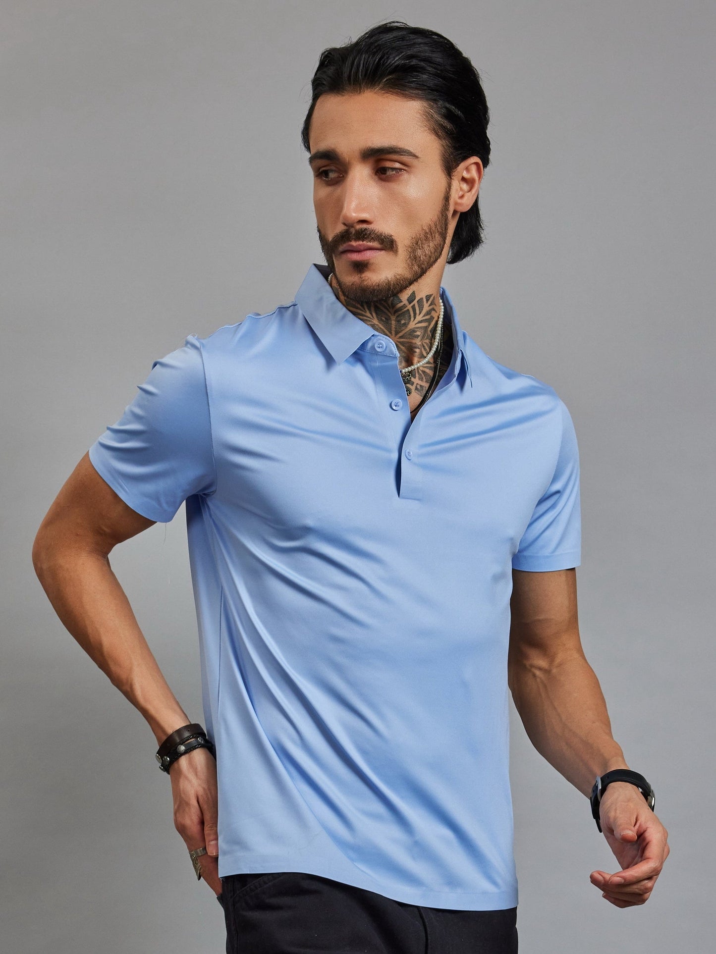 OTFIT T-Shirt Men’s Sky Blue Stitchless Polo T-Shirt – No Pocket Premium Nylon, 3-Button Placket