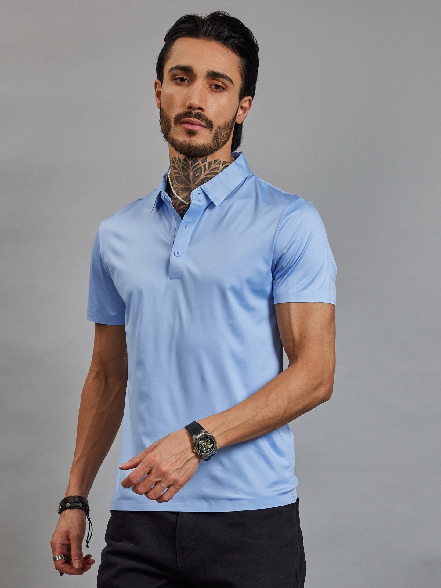 OTFIT T-Shirt Men’s Sky Blue Stitchless Polo T-Shirt – No Pocket Premium Nylon, 3-Button Placket