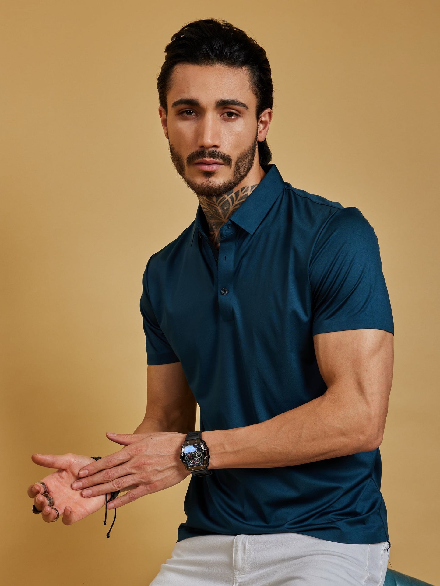 OTFIT T-Shirt Men’s Stitchless Polo T-Shirt – Dark Bottle Green Premium Nylon, No Pocket, 3-Button Style