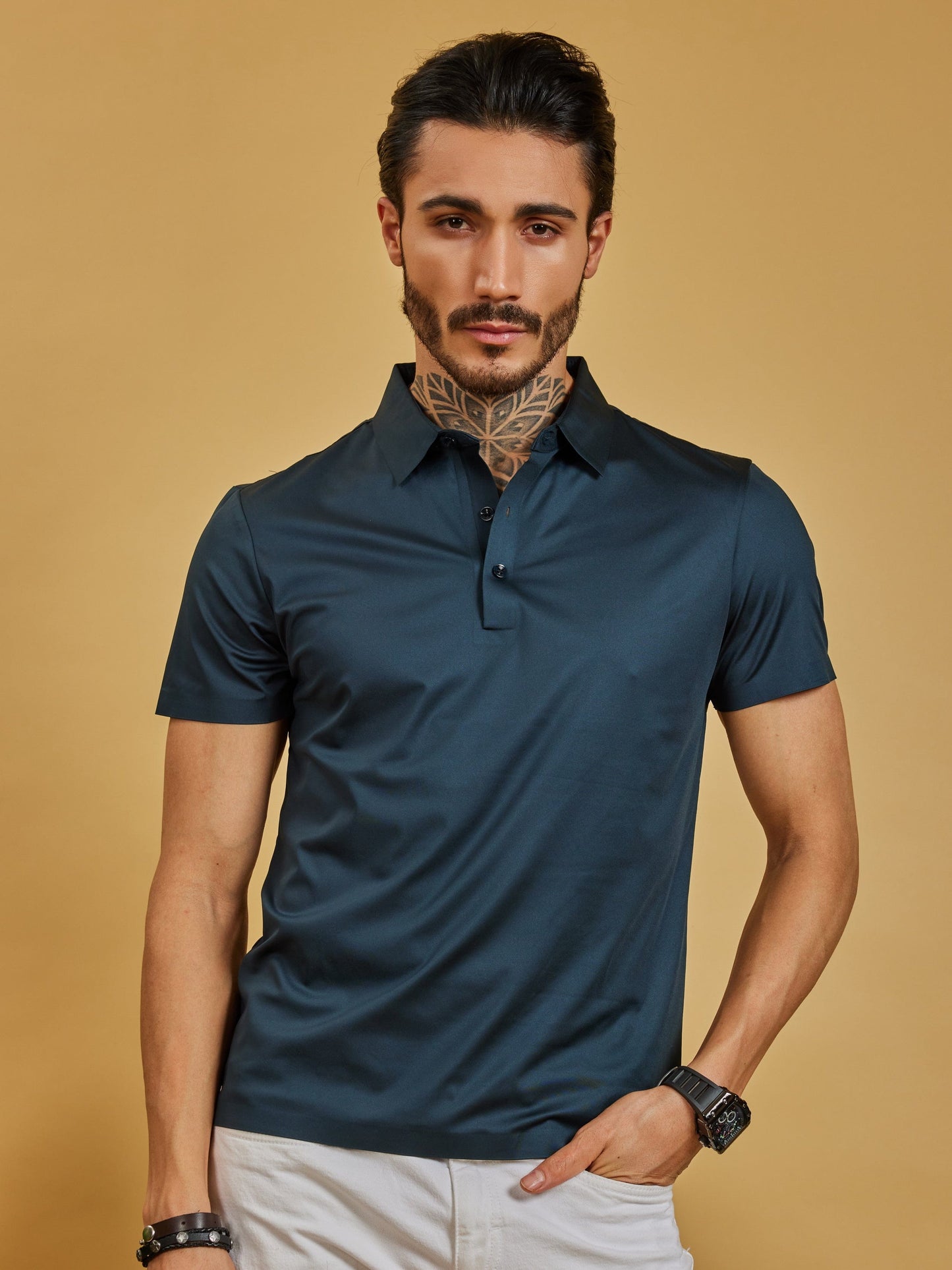 OTFIT T-Shirt Men’s Stitchless Polo T-Shirt – Deep Teal Blue Premium Nylon, No Pocket, 3-Button Collar