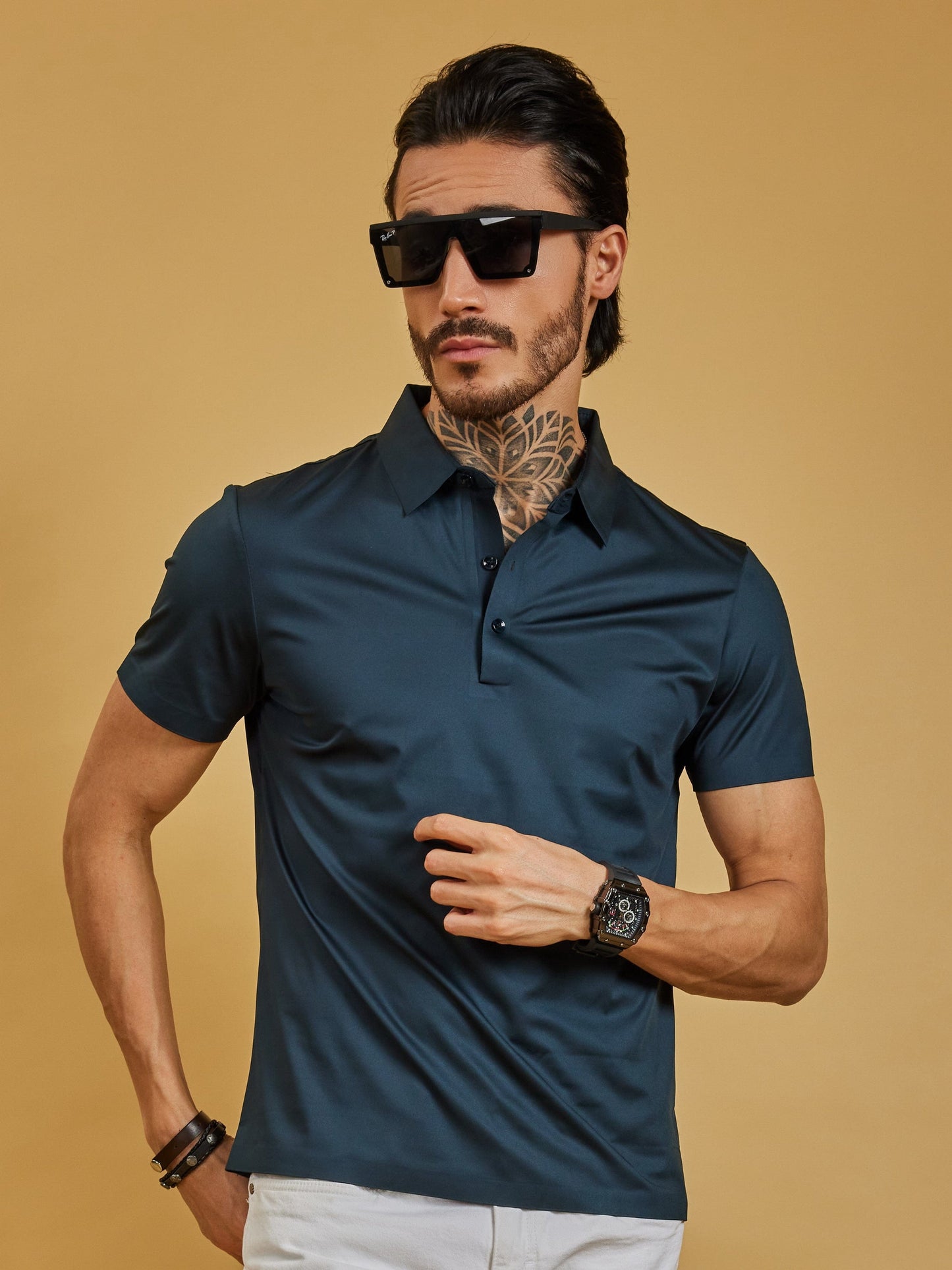 OTFIT T-Shirt Men’s Stitchless Polo T-Shirt – Deep Teal Blue Premium Nylon, No Pocket, 3-Button Collar