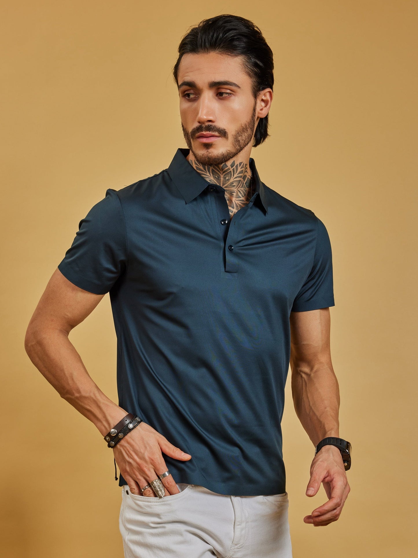 OTFIT T-Shirt Men’s Stitchless Polo T-Shirt – Deep Teal Blue Premium Nylon, No Pocket, 3-Button Collar
