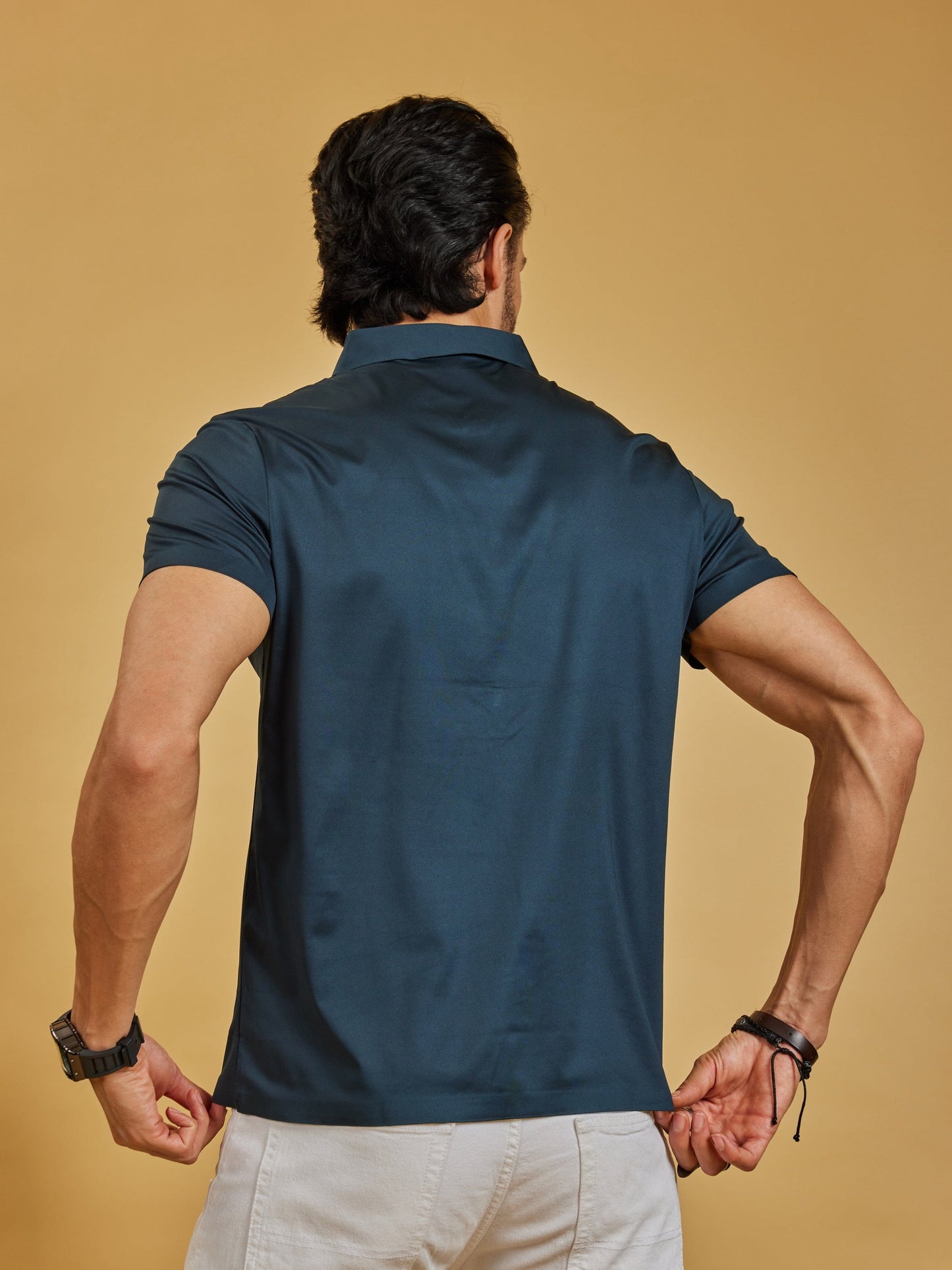 OTFIT T-Shirt Men’s Stitchless Polo T-Shirt – Deep Teal Blue Premium Nylon, No Pocket, 3-Button Collar