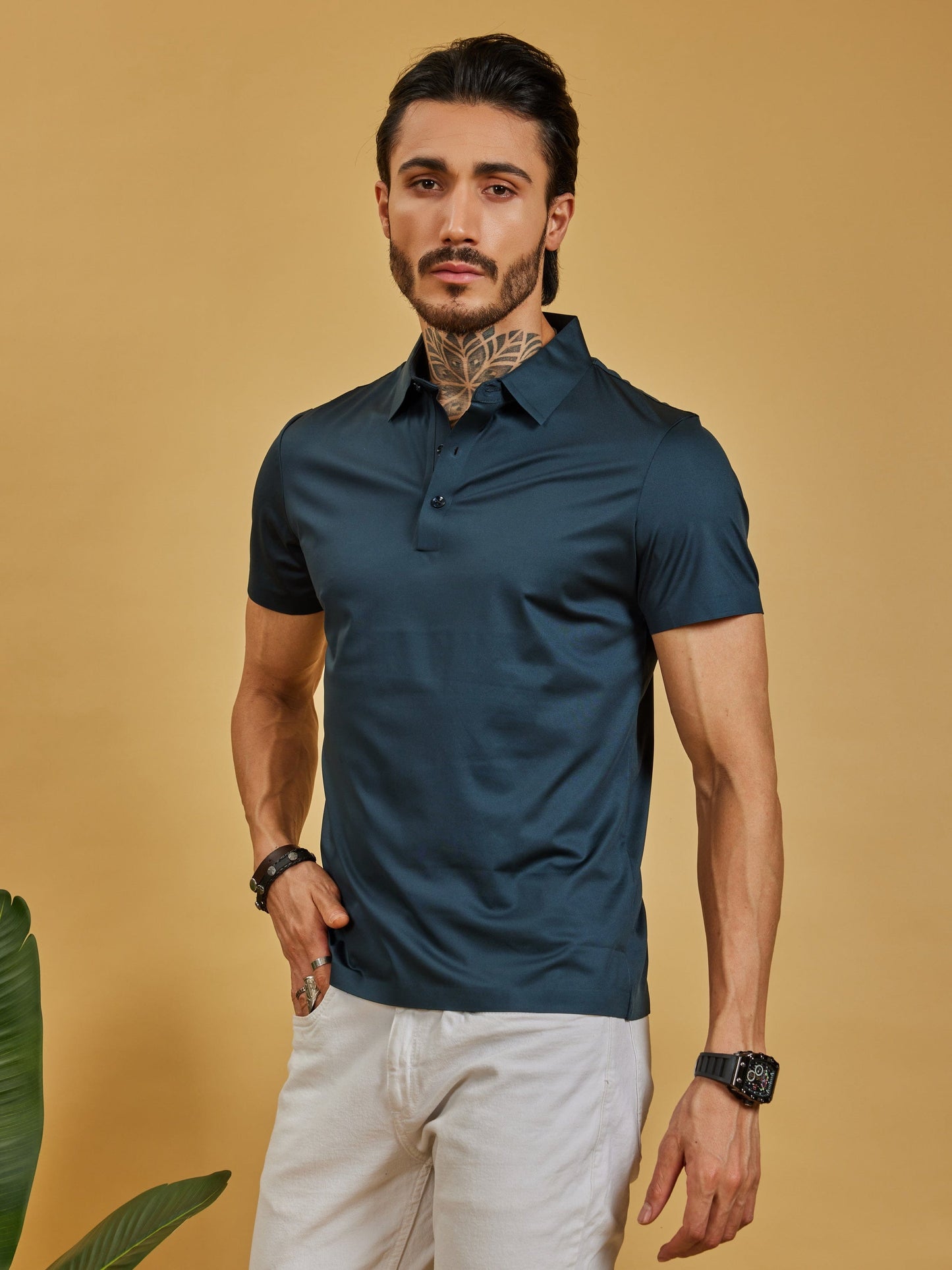 OTFIT T-Shirt Men’s Stitchless Polo T-Shirt – Deep Teal Blue Premium Nylon, No Pocket, 3-Button Collar