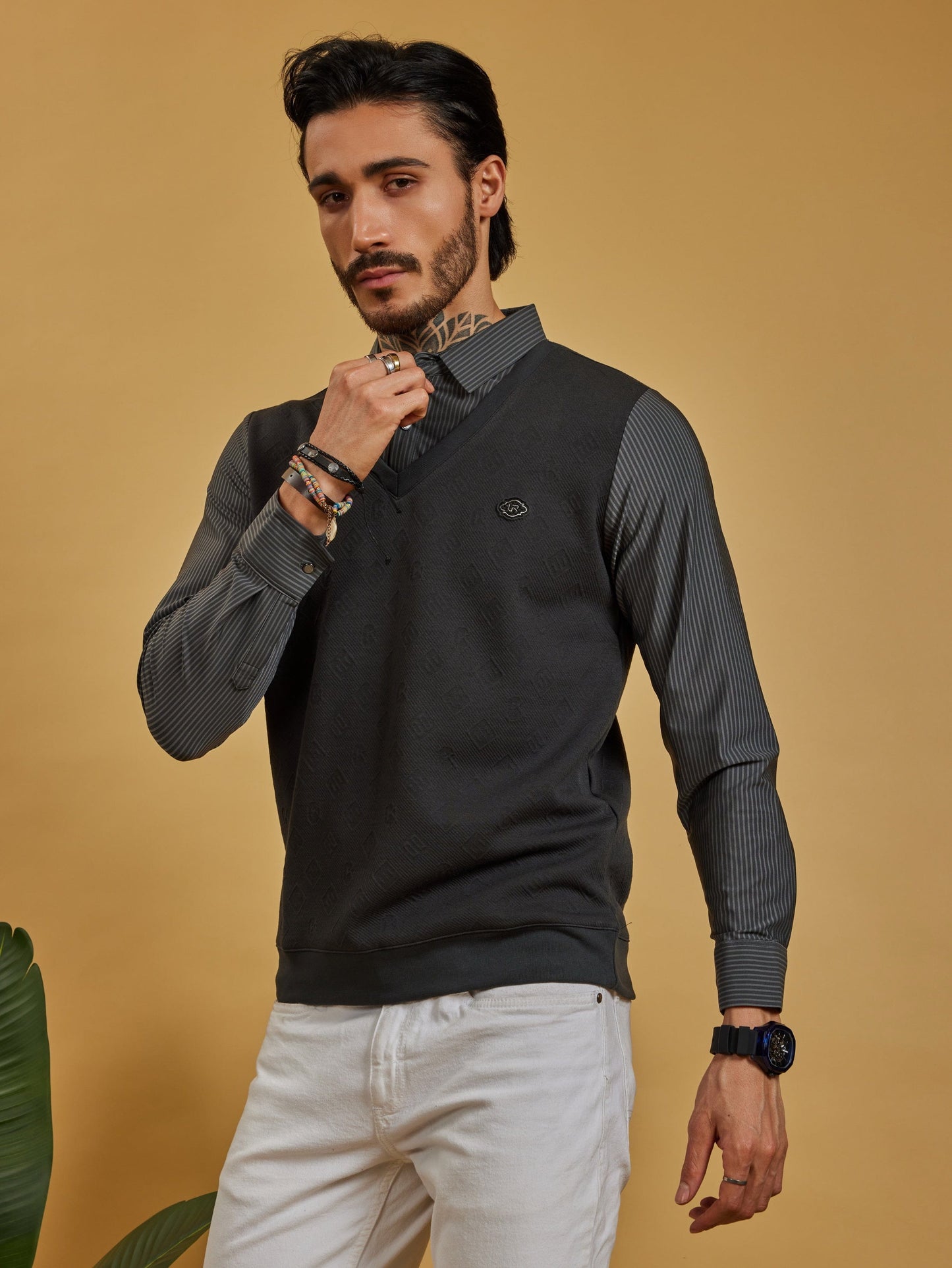 OTFIT T-Shirt Men’s V-Neck Full Sleeve T-Shirt – Cotton Body, Nylon Sleeves (Four Leaf Clover Edition)