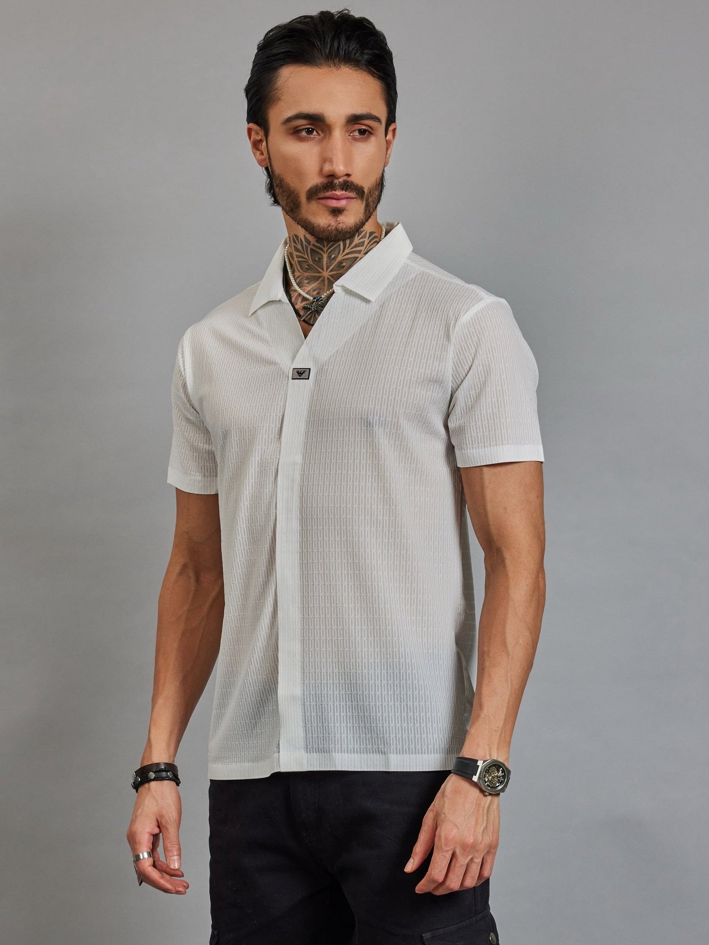 OTFIT T-Shirt Men’s White Resort Polo T-Shirt - Popcorn Knit & Net Panel, Lightweight & Breathable