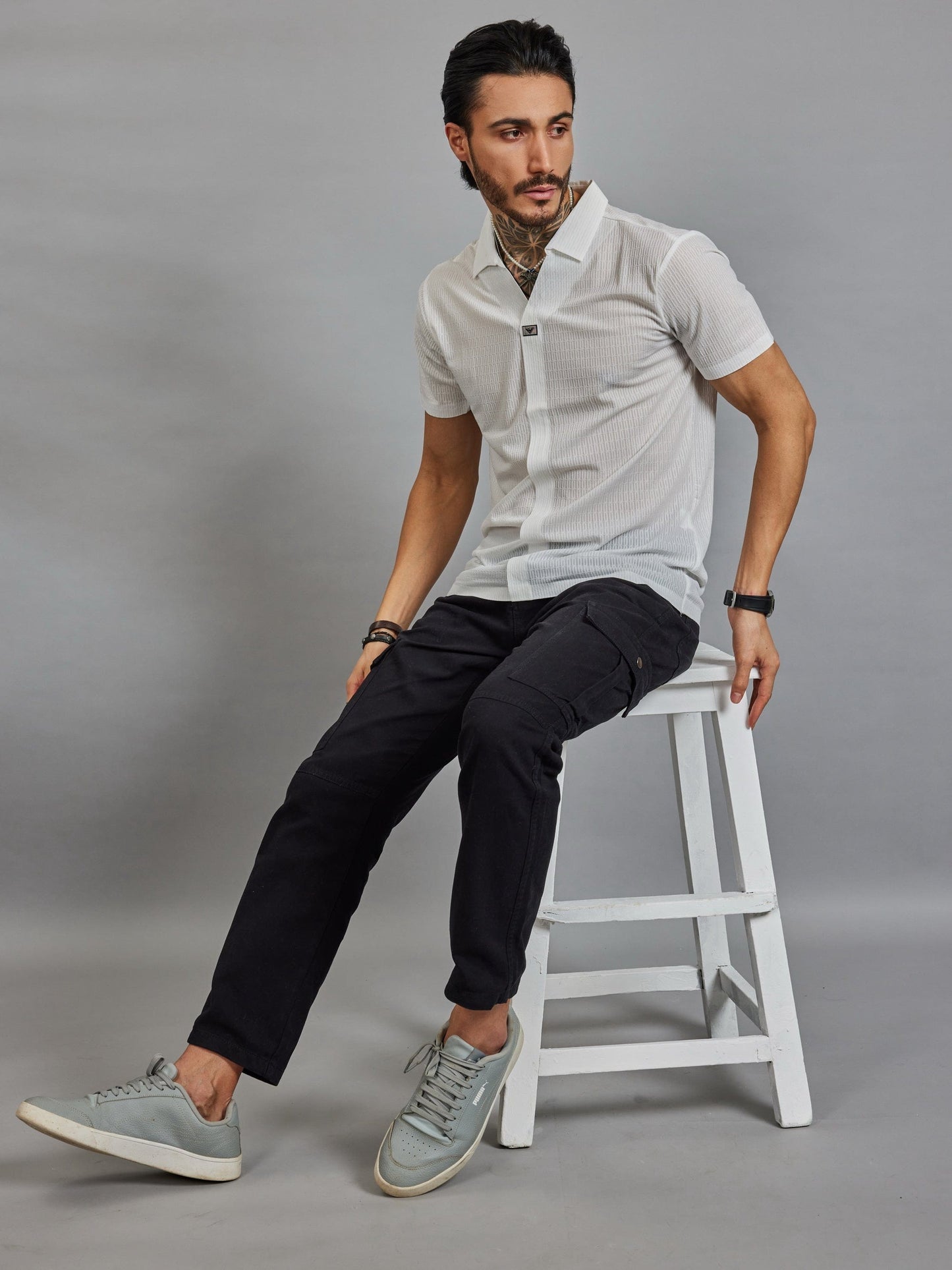 OTFIT T-Shirt Men’s White Resort Polo T-Shirt - Popcorn Knit & Net Panel, Lightweight & Breathable