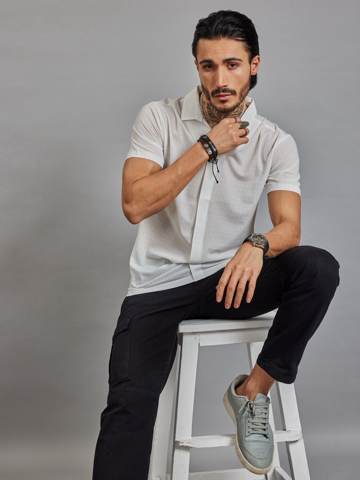 OTFIT T-Shirt Men’s White Resort Polo T-Shirt - Popcorn Knit & Net Panel, Lightweight & Breathable