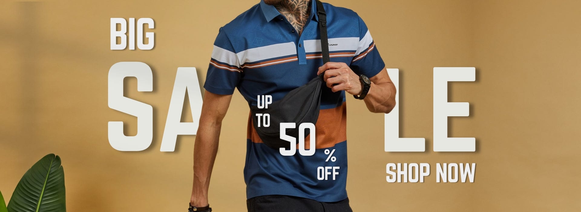 Promotional banner with a person holding a bag, featuring text about a big sale with discounts.
