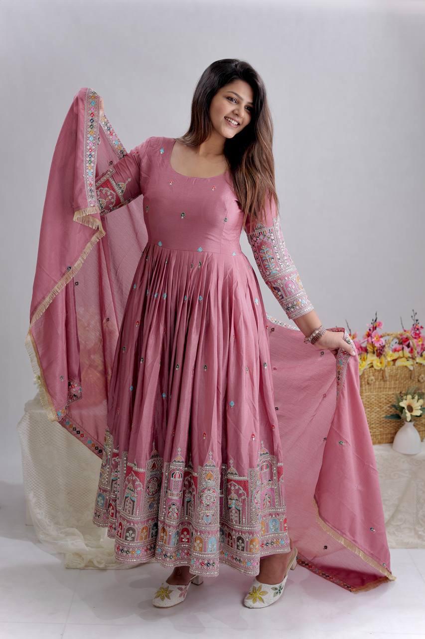 OTFIT Anarkali Gown Elegant Chinon Silk Embroidered Gown Set with Pant & Dupatta