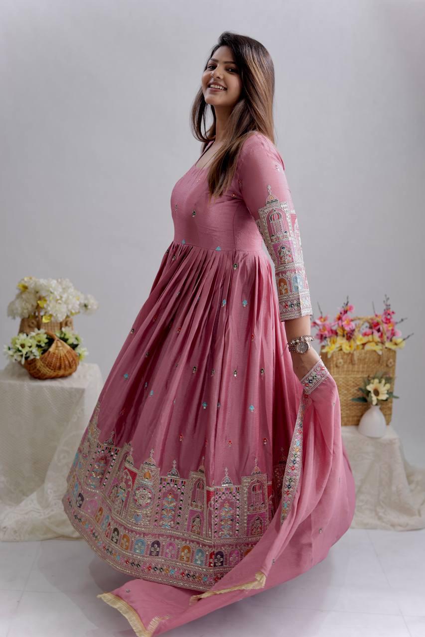 OTFIT Anarkali Gown Elegant Chinon Silk Embroidered Gown Set with Pant & Dupatta