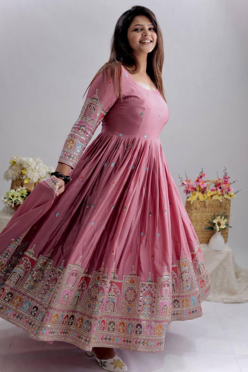 OTFIT Anarkali Gown Elegant Chinon Silk Embroidered Gown Set with Pant & Dupatta