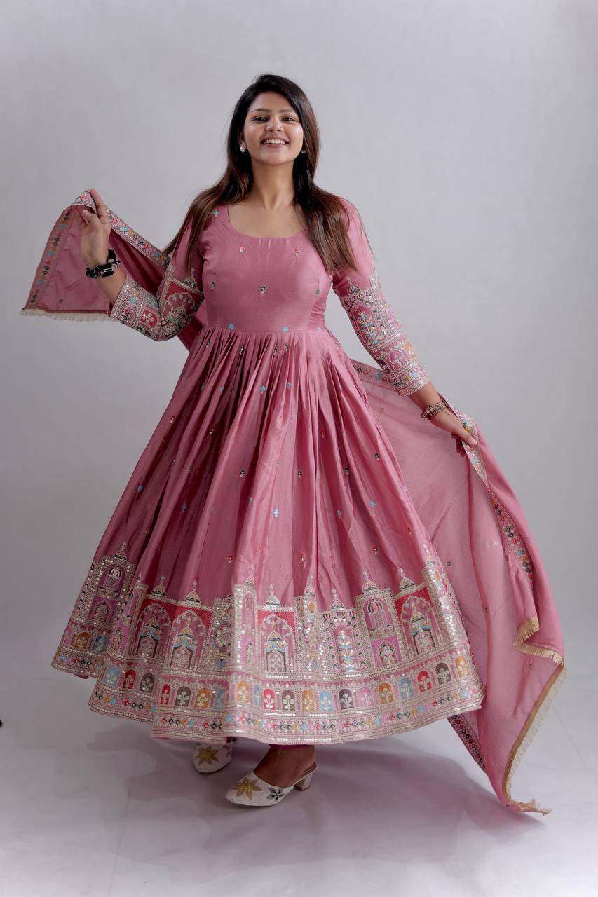 OTFIT Anarkali Gown Elegant Chinon Silk Embroidered Gown Set with Pant & Dupatta