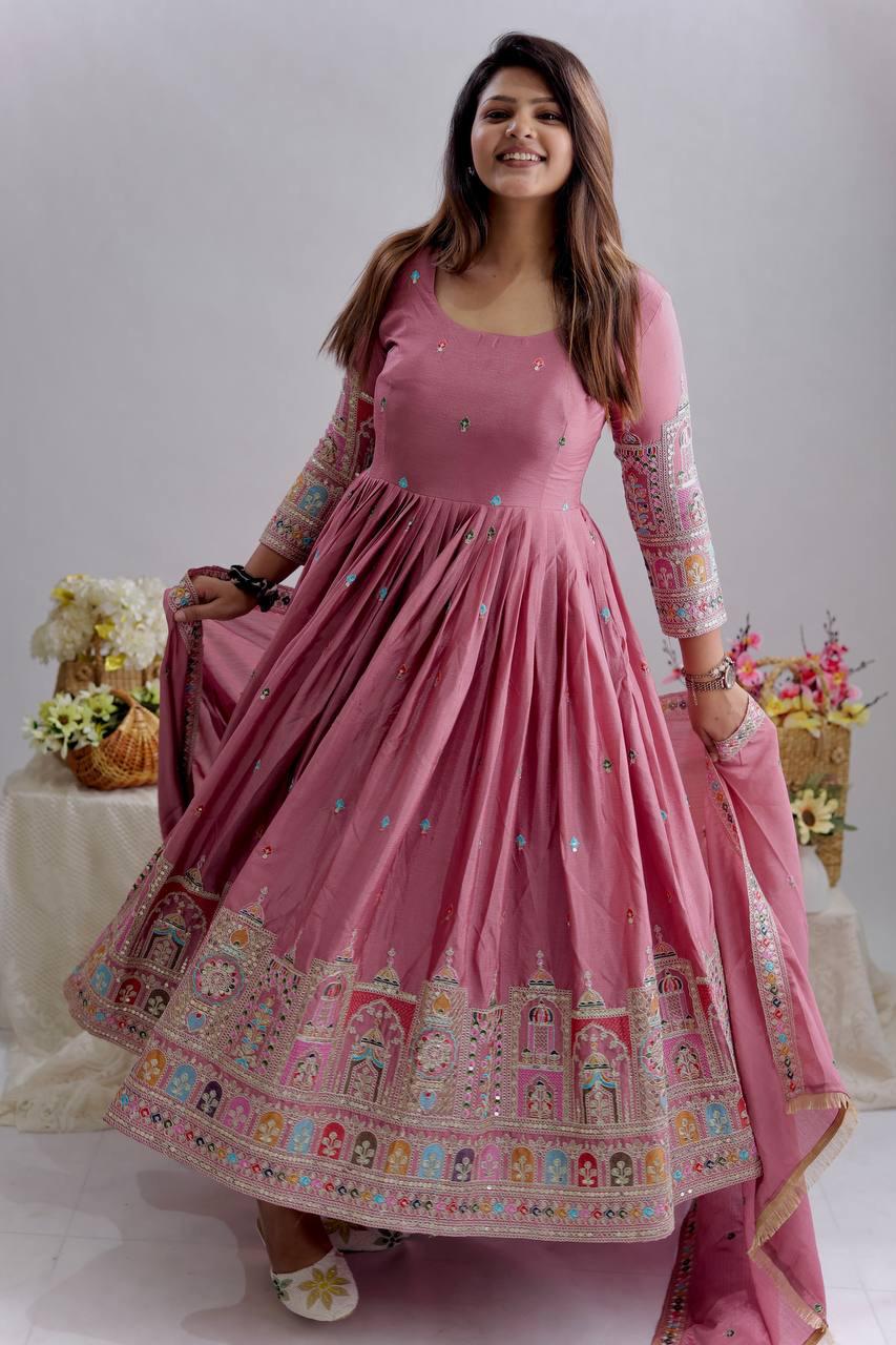 OTFIT Anarkali Gown M-40 Elegant Chinon Silk Embroidered Gown Set with Pant & Dupatta