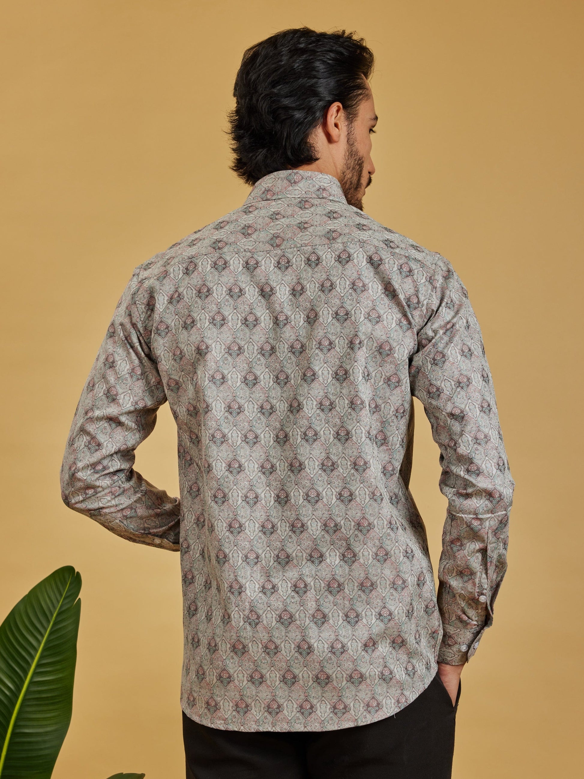 OTFIT Men’s Beige Jacquard Cotton Shirt – Subtle Woven Motif Full Sleeve | No Pocket