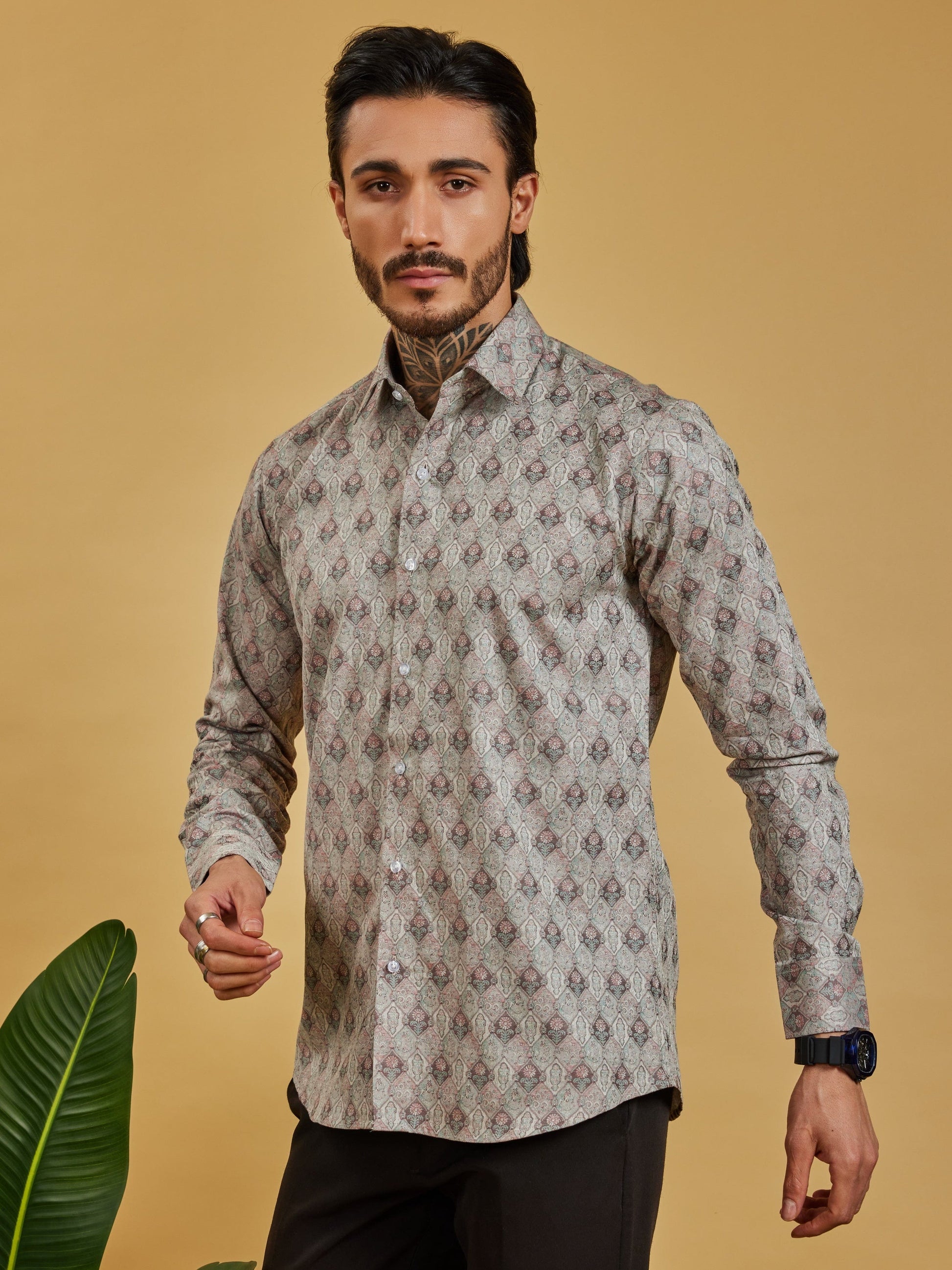 OTFIT Men’s Beige Jacquard Cotton Shirt – Subtle Woven Motif Full Sleeve | No Pocket