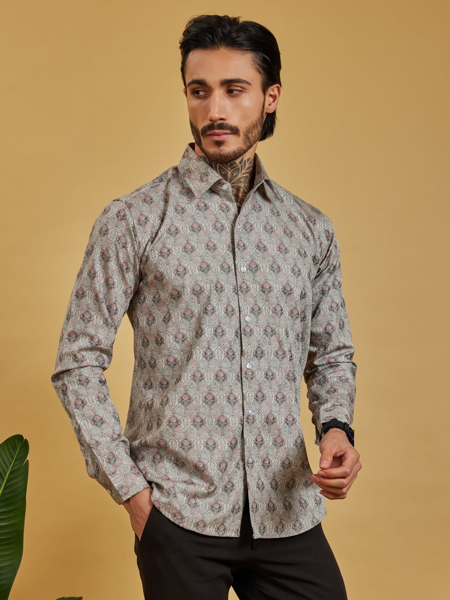OTFIT Men’s Beige Jacquard Cotton Shirt – Subtle Woven Motif Full Sleeve | No Pocket