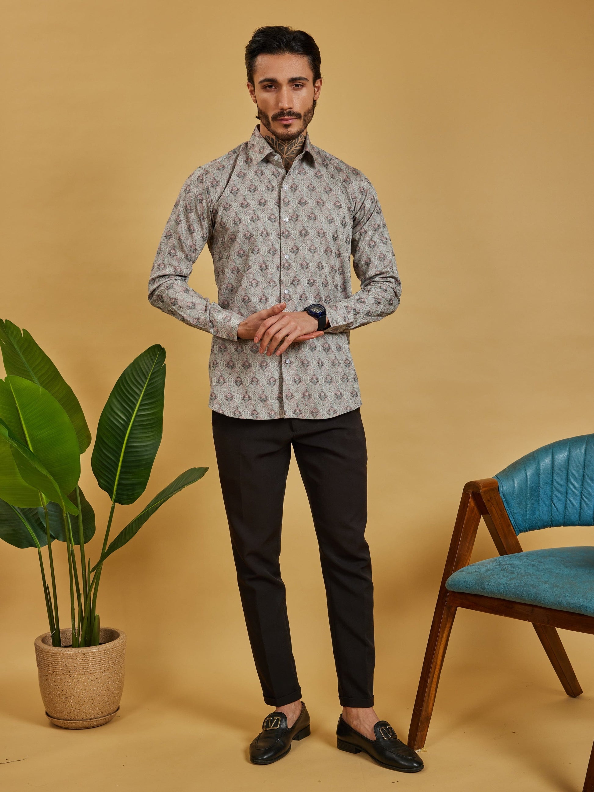 OTFIT Men’s Beige Jacquard Cotton Shirt – Subtle Woven Motif Full Sleeve | No Pocket