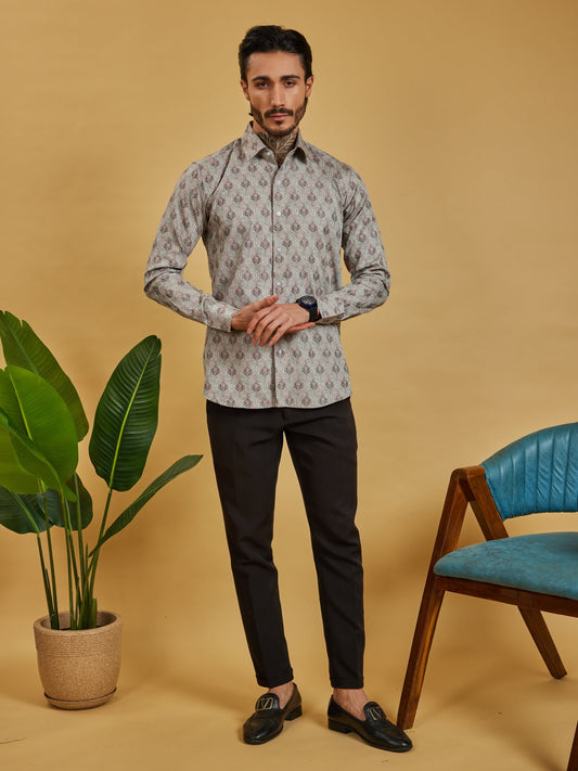 OTFIT Men’s Beige Jacquard Cotton Shirt – Subtle Woven Motif Full Sleeve | No Pocket
