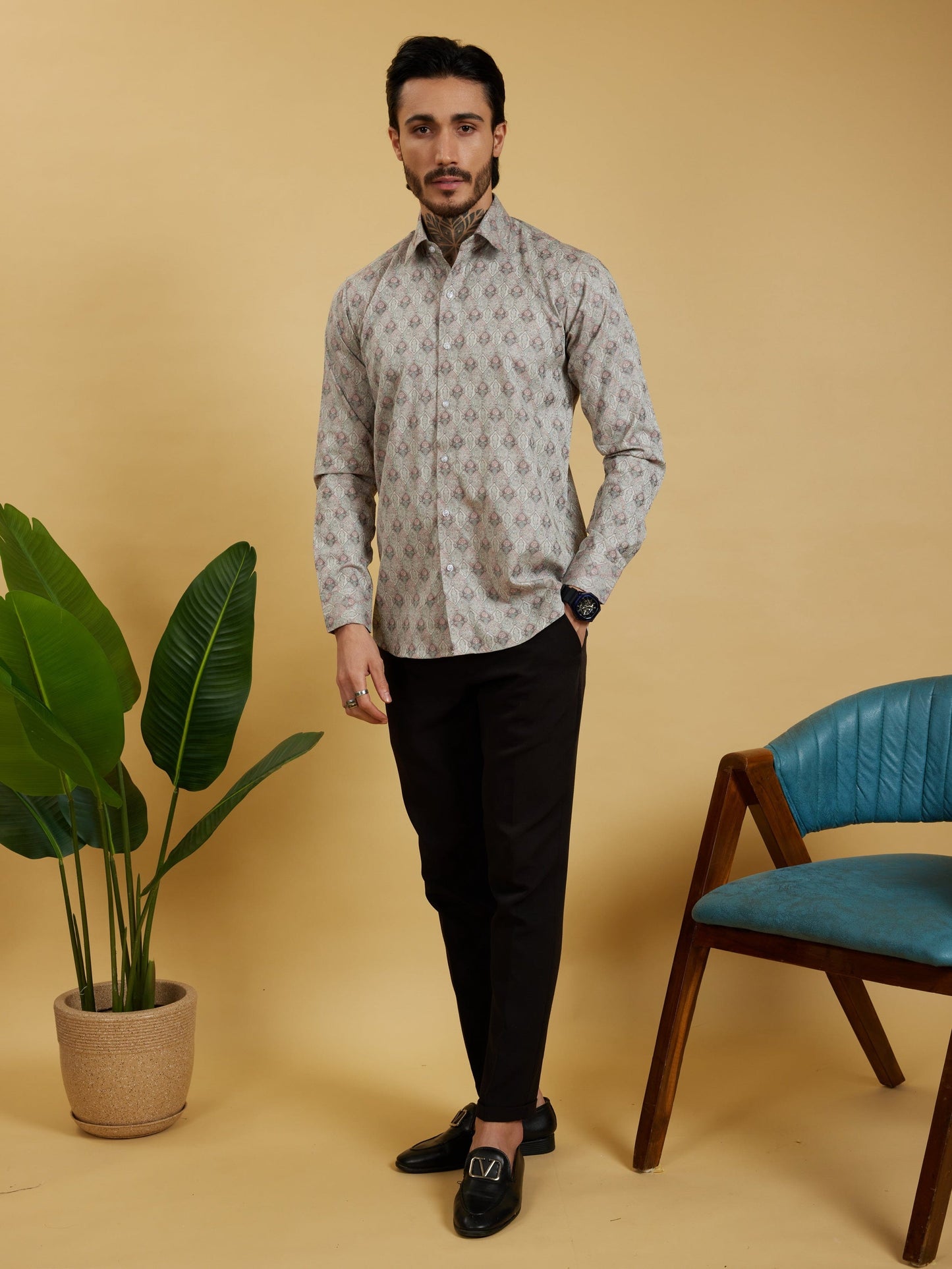 OTFIT Men’s Beige Jacquard Cotton Shirt – Subtle Woven Motif Full Sleeve | No Pocket