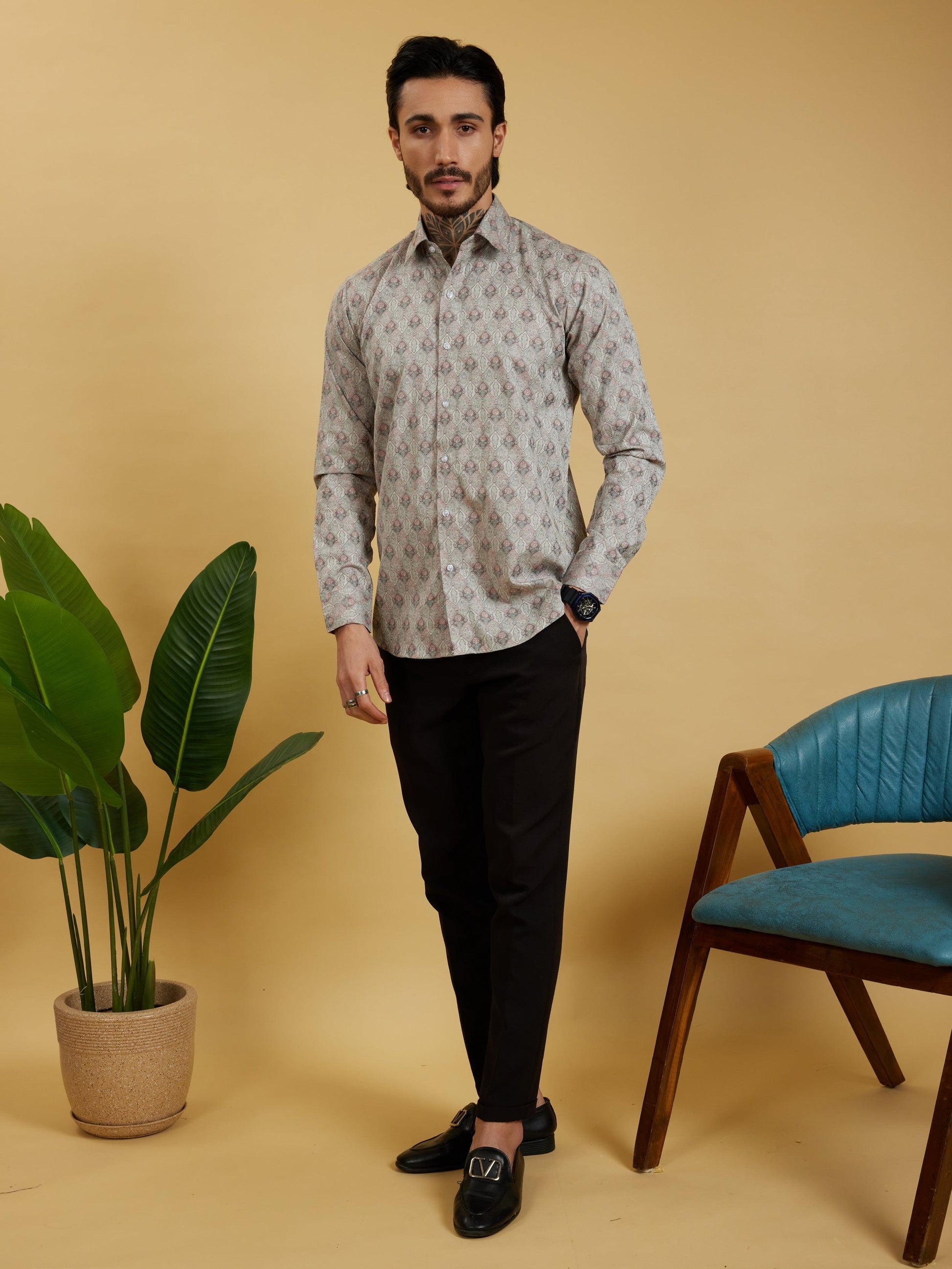 OTFIT Men’s Beige Jacquard Cotton Shirt – Subtle Woven Motif Full Sleeve | No Pocket