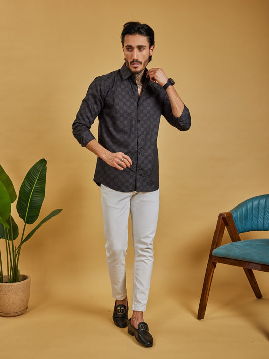 OTFIT Men’s Black Jacquard Cotton Shirt – Tonal Check Weave Full Sleeve | No Pocket