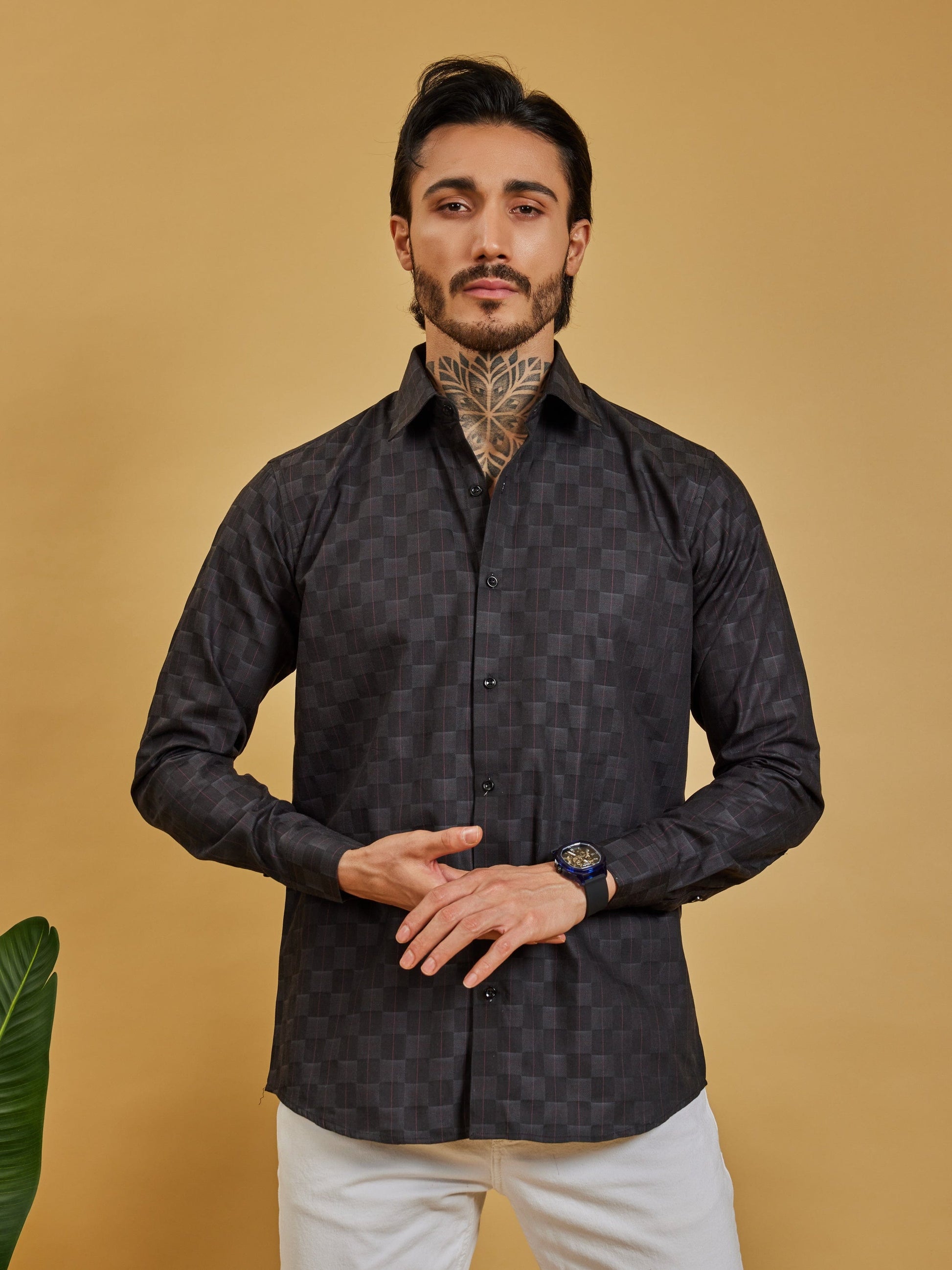 OTFIT Men’s Black Jacquard Cotton Shirt – Tonal Check Weave Full Sleeve | No Pocket
