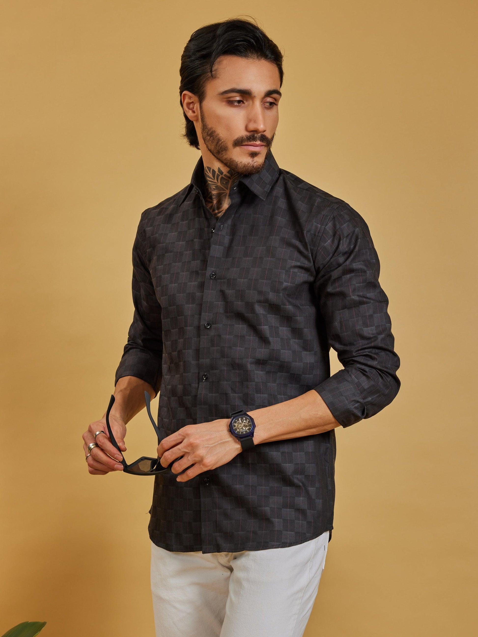 OTFIT Men’s Black Jacquard Cotton Shirt – Tonal Check Weave Full Sleeve | No Pocket