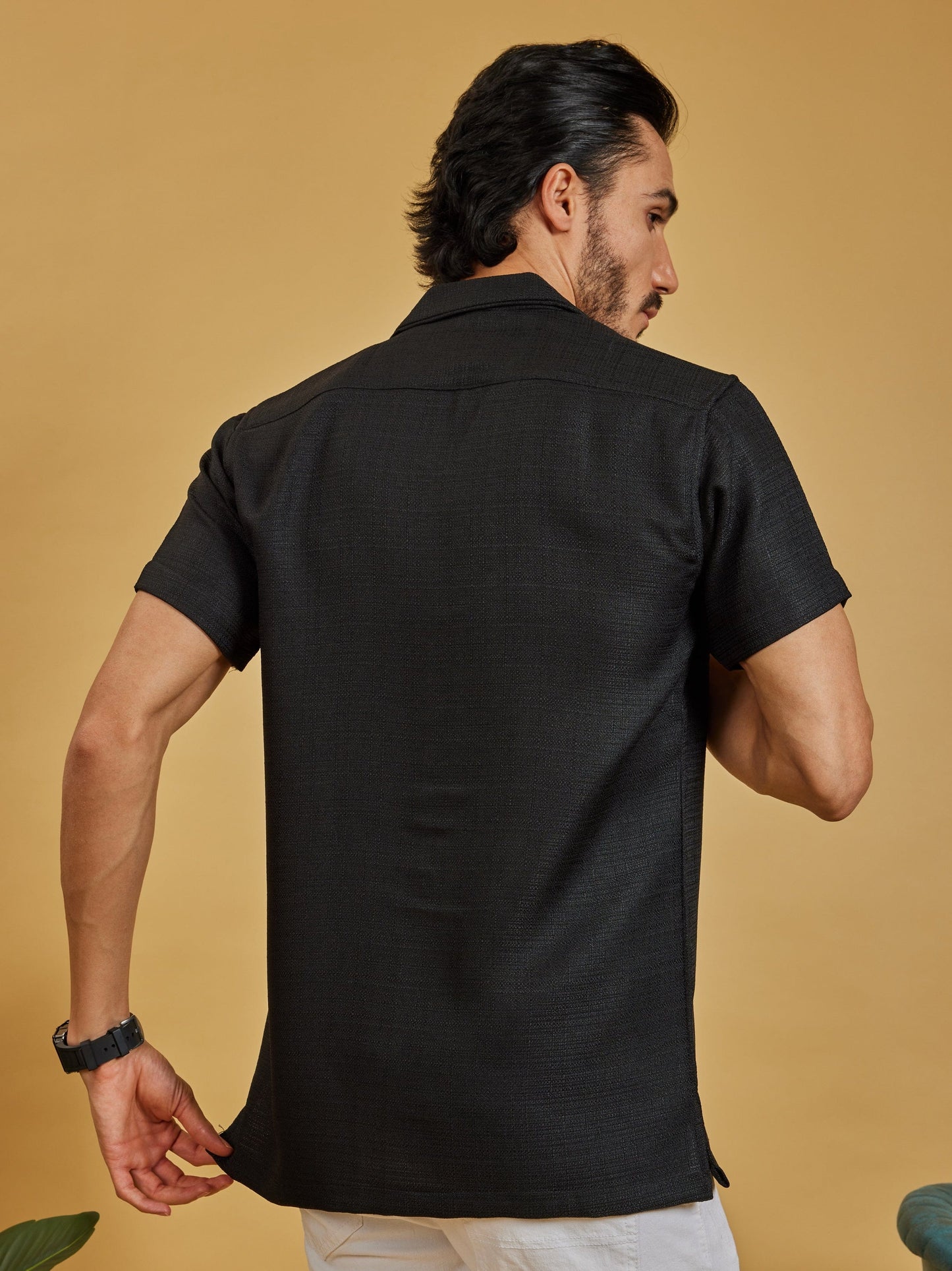 OTFIT Men’s Black Textured Shirt – Cotton Blend Open Collar | Half Sleeve | Minimal Look