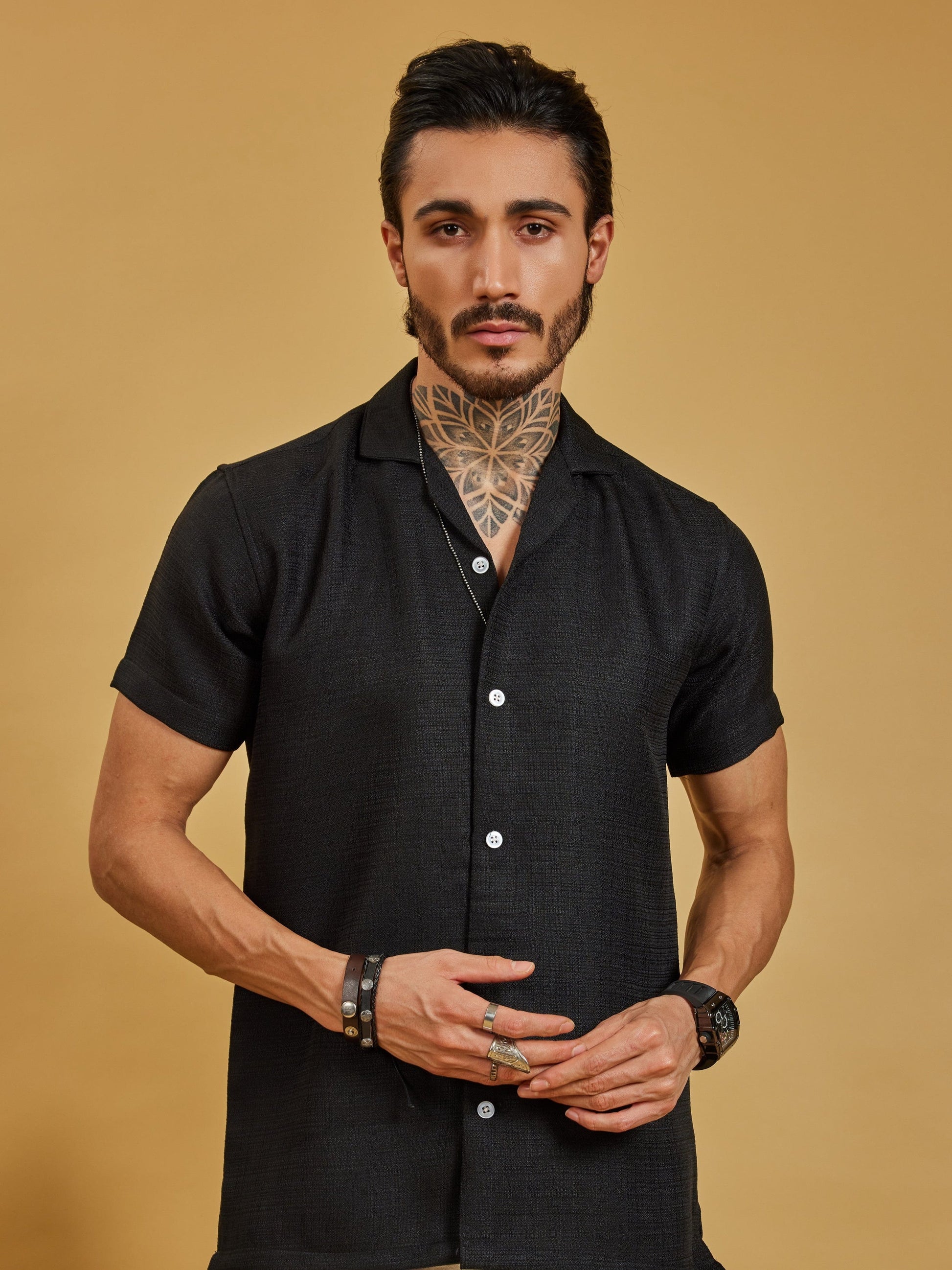 OTFIT Men’s Black Textured Shirt – Cotton Blend Open Collar | Half Sleeve | Minimal Look