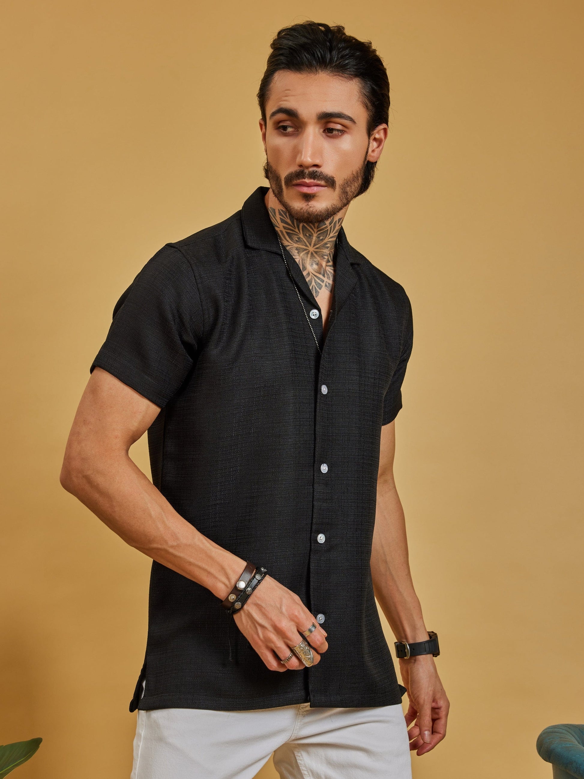 OTFIT Men’s Black Textured Shirt – Cotton Blend Open Collar | Half Sleeve | Minimal Look