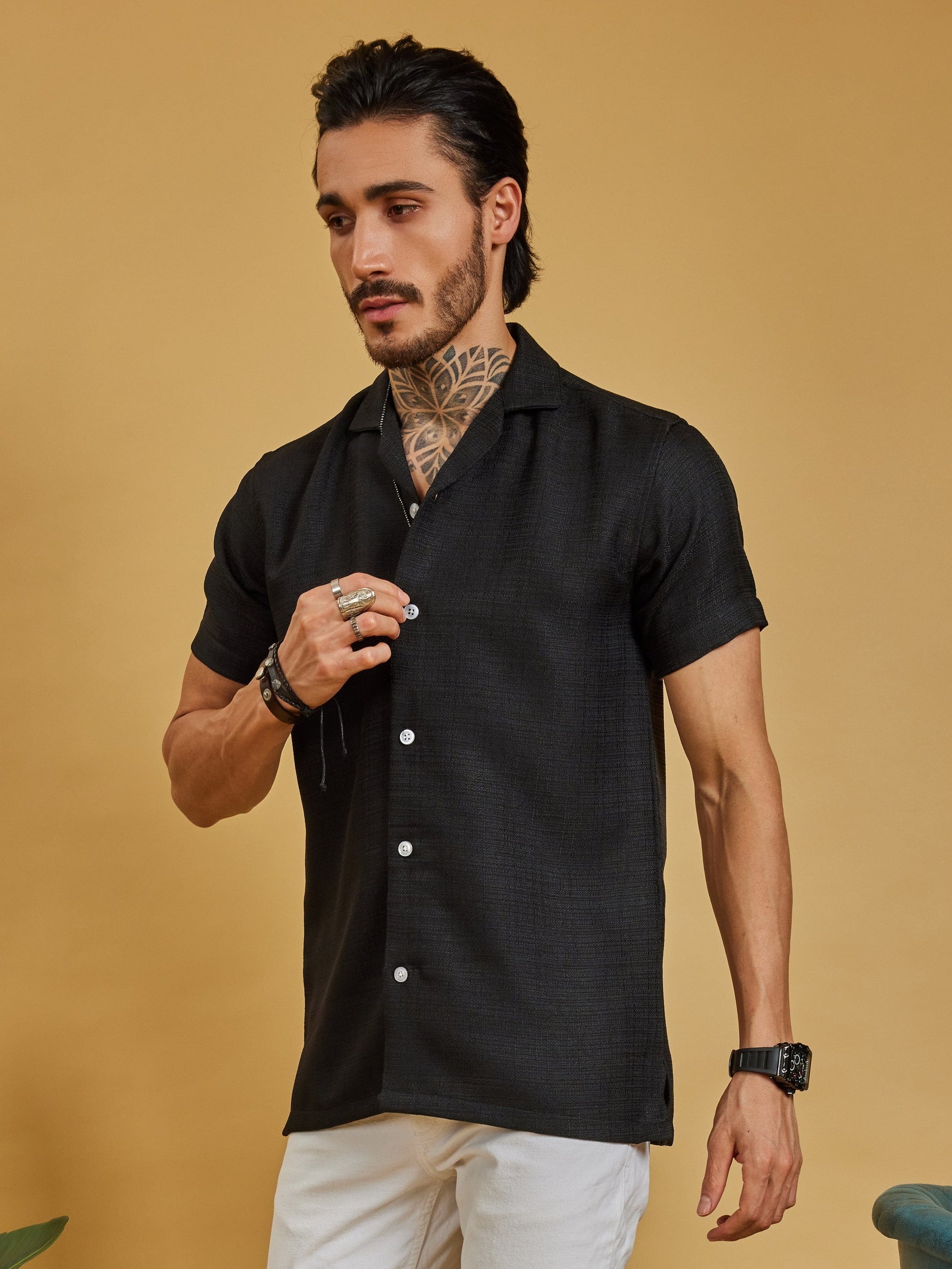 OTFIT Men’s Black Textured Shirt – Cotton Blend Open Collar | Half Sleeve | Minimal Look