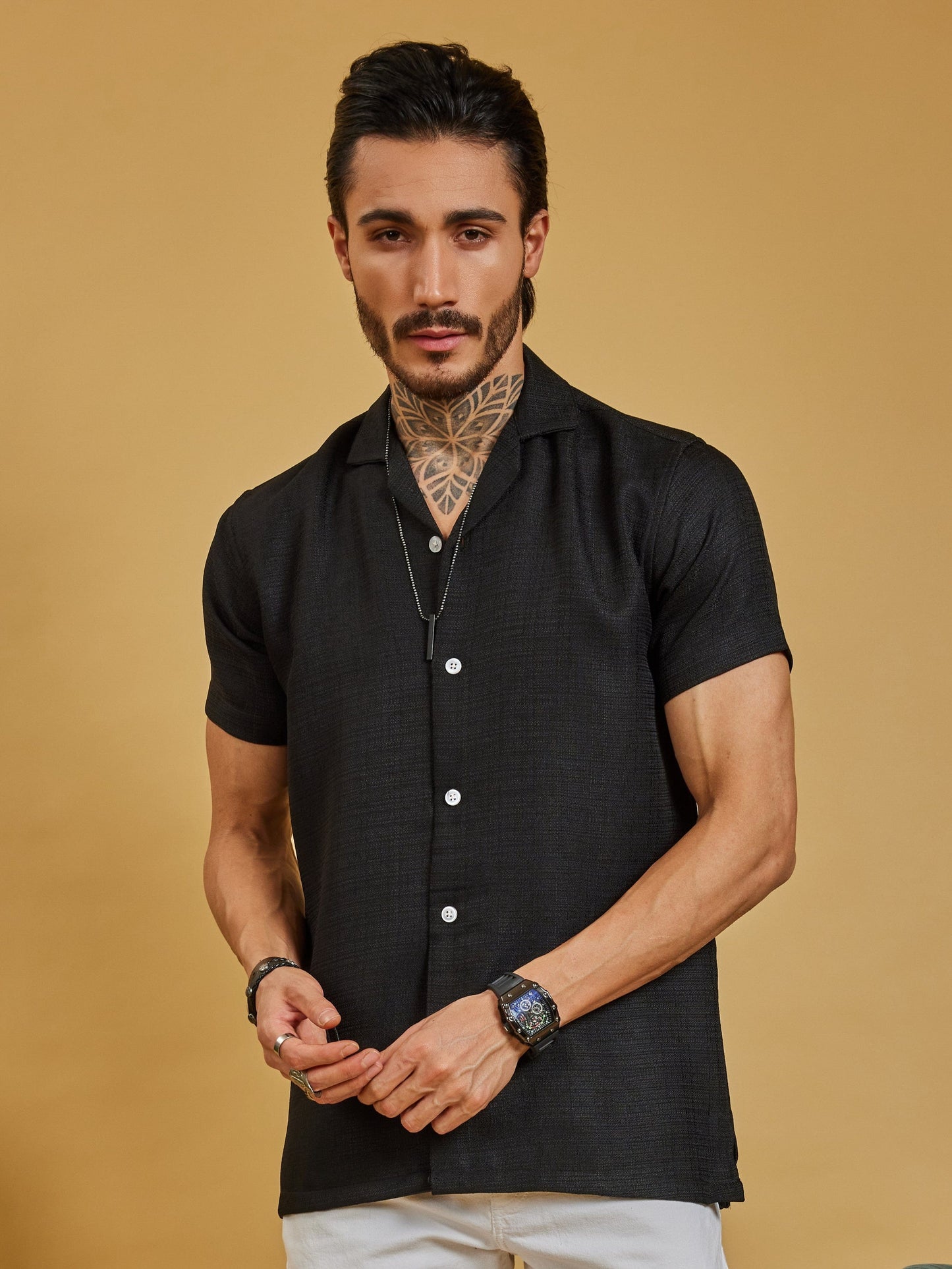 OTFIT Men’s Black Textured Shirt – Cotton Blend Open Collar | Half Sleeve | Minimal Look