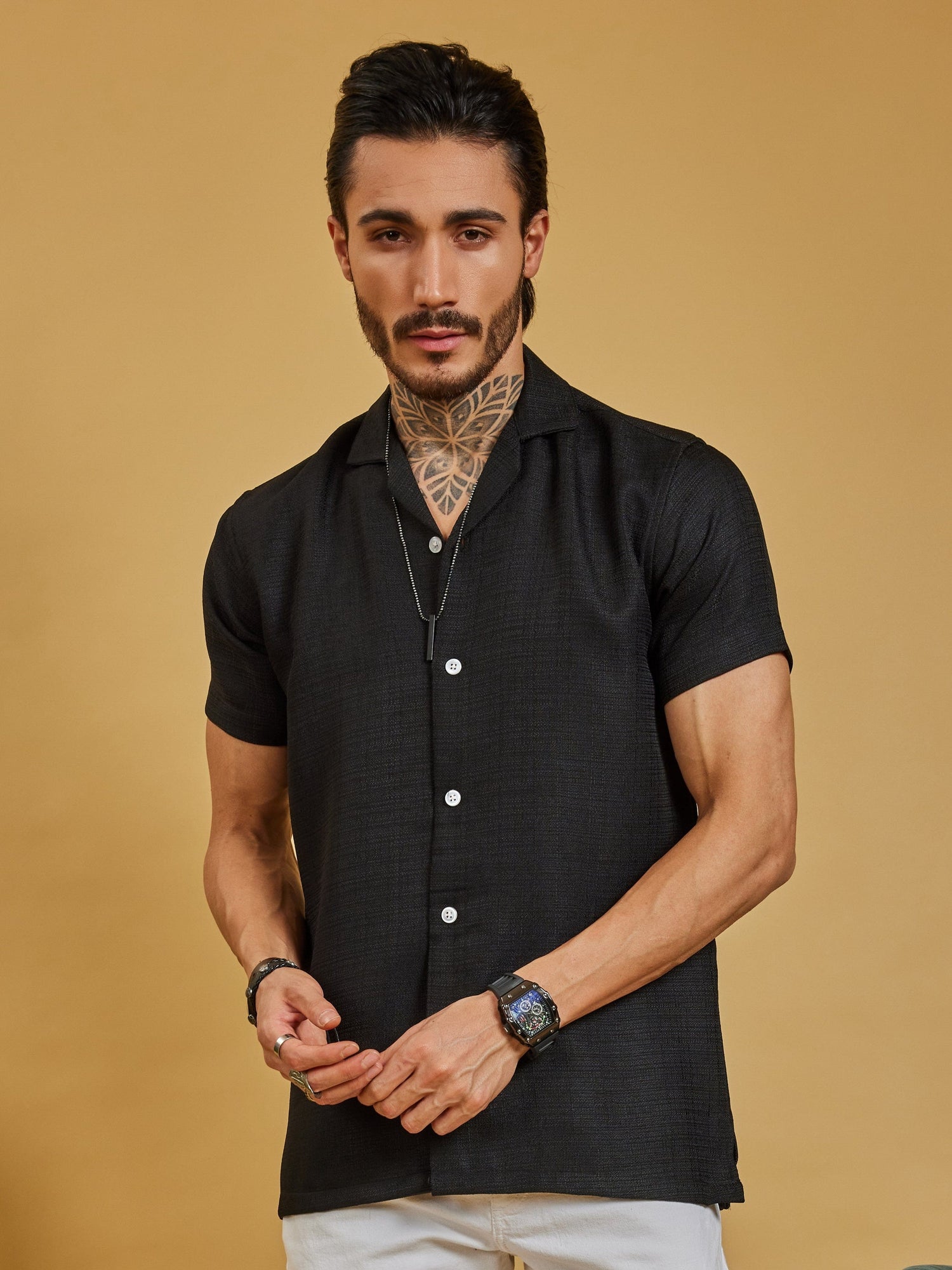 OTFIT Men’s Black Textured Shirt – Cotton Blend Open Collar | Half Sleeve | Minimal Look