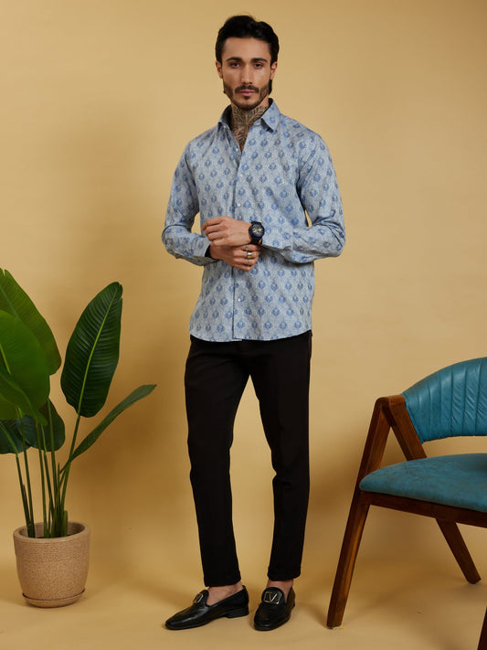 OTFIT Men’s Blue Jacquard Cotton Shirt – Rich Woven Pattern Full Sleeve | No Pocket