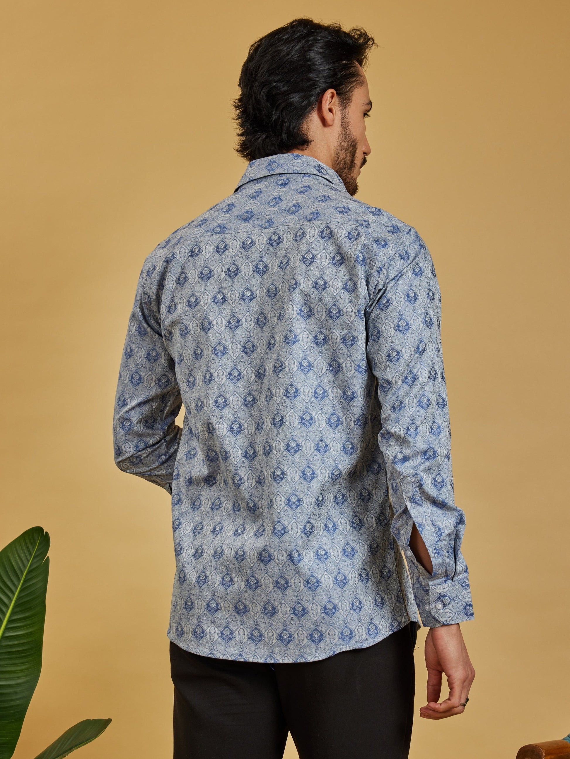 OTFIT Men’s Blue Jacquard Cotton Shirt – Rich Woven Pattern Full Sleeve | No Pocket